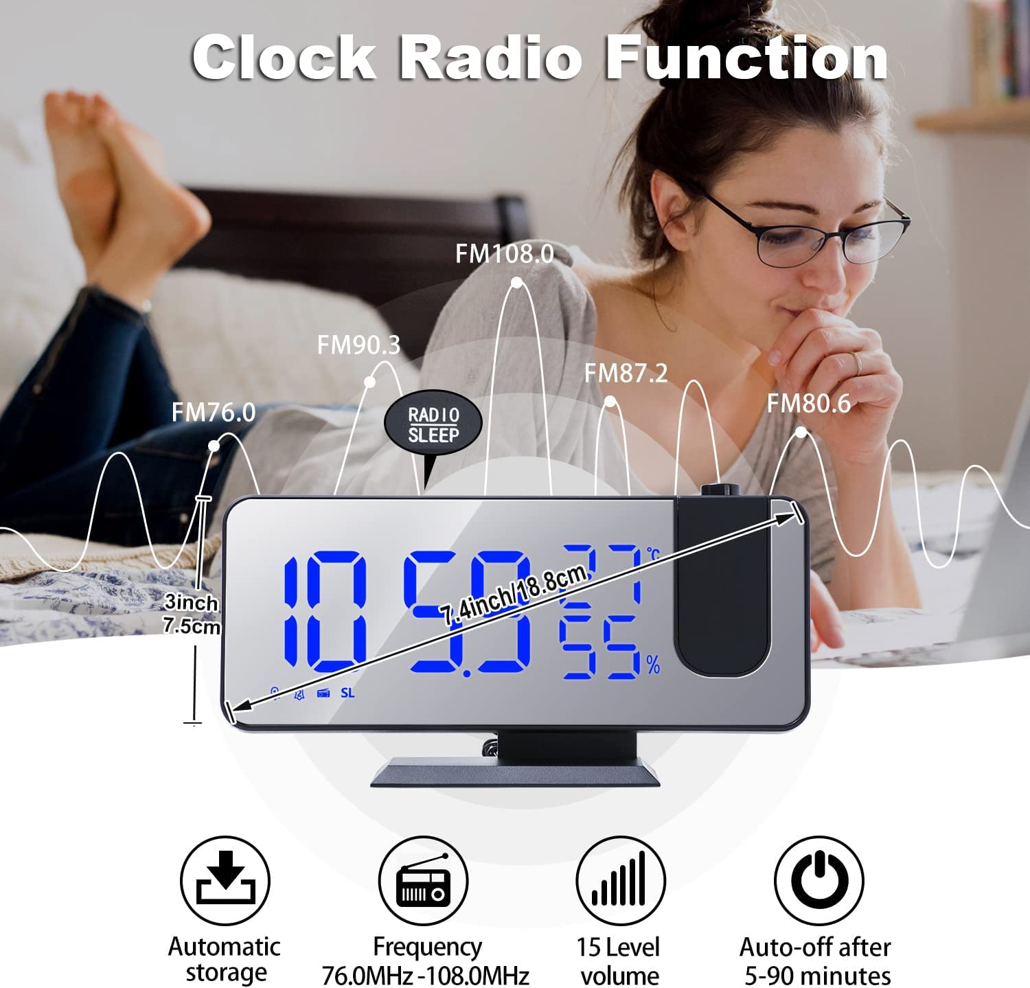 Projection Digital Alarm Clock For Bedrooms, Radio Alarm Clock On Ceiling, Usb Charger Port, Temperature & Humidity Display, 7.3