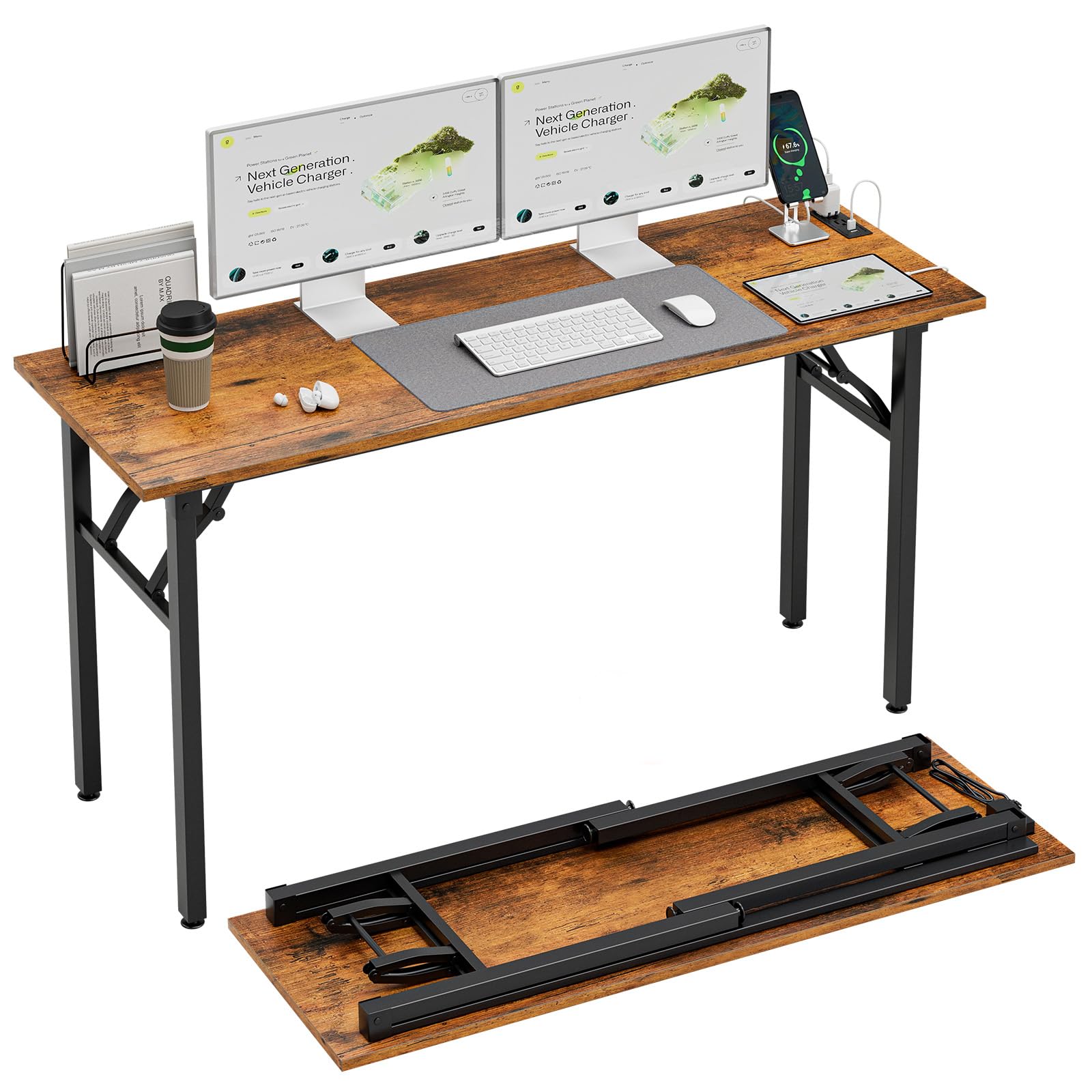 TEMI Long Computer Desk Folding Table - No Assembly, Compact 55 Foldable Desk with Power Outlets & USB Charging Port, Portable L