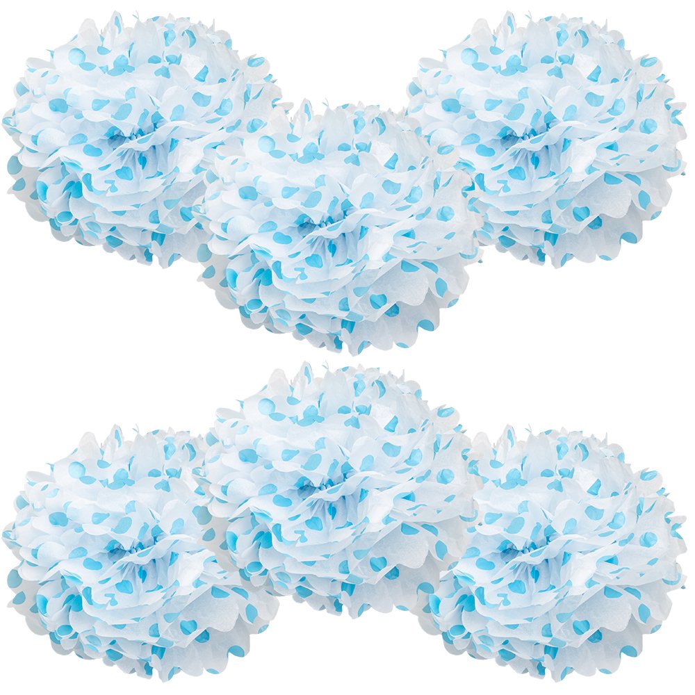 WYZworks Set of 6 - Blue Polka DOT 10 - (6 Pack) Tissue Pom Poms Flower Party Decorations for Weddings, Birthday, Halloween, Bri