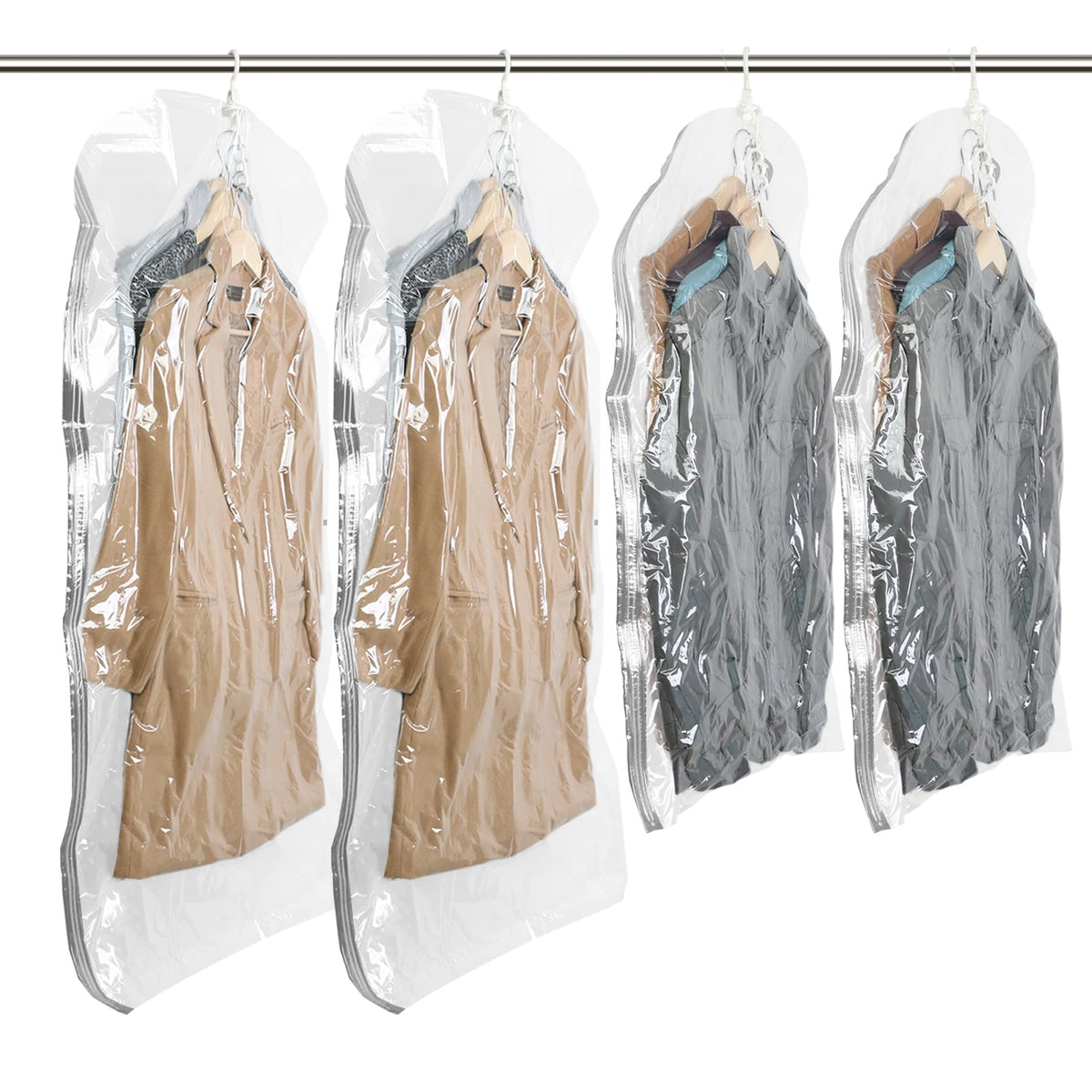 TAILI Hanging Vacuum Storage Bags,Closet Storage for Clothes,Set of 4 (2 Long, 2 Short), Clear