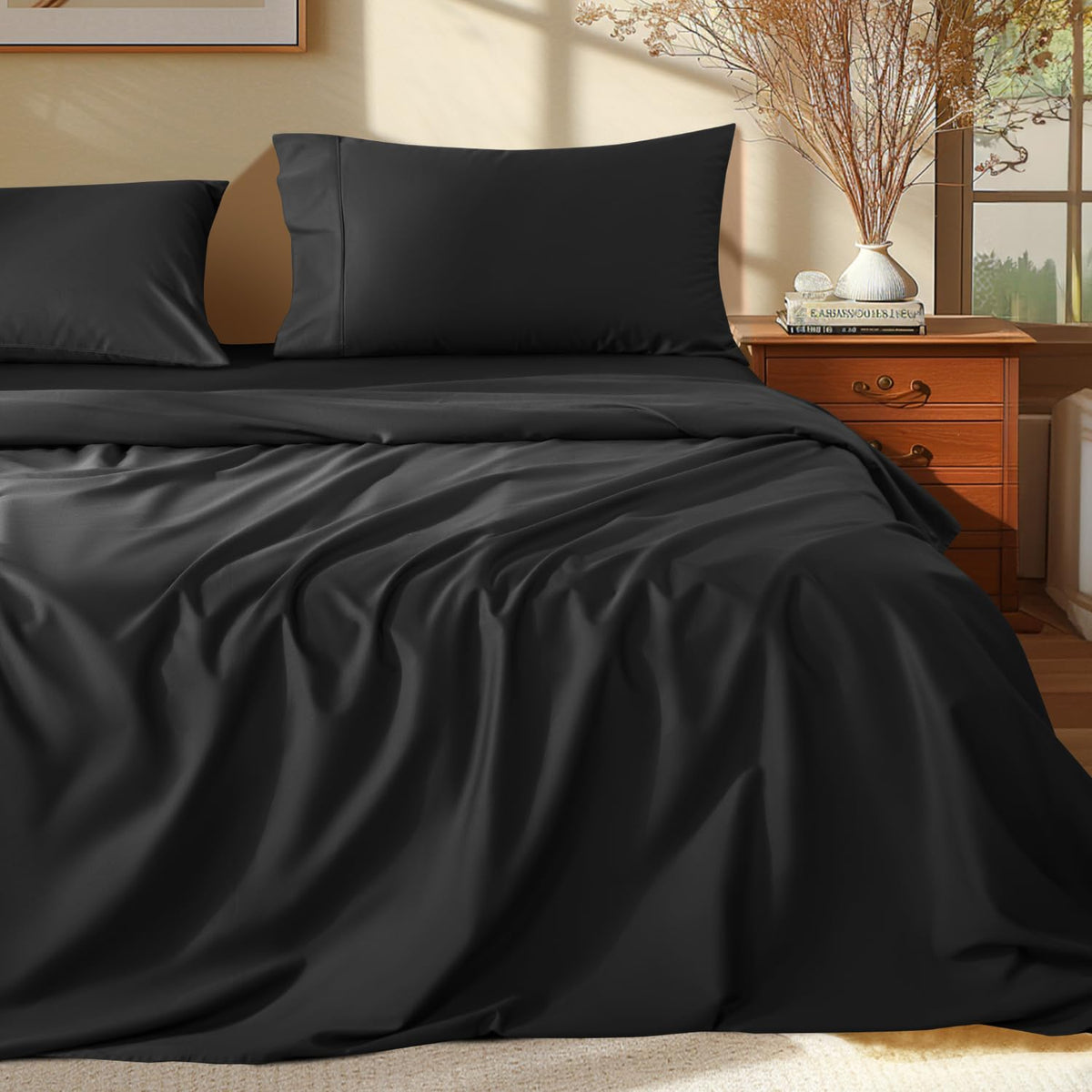 Shilucheng 100% Egyptian Cotton Sheets Set - 1000 Thread Count,Luxury Cotton Bed Sheets,Breathable & Cooling Bedding And Pillow Cases, 16 Inch Deep Pocket - 4 Piece (Black, Full)