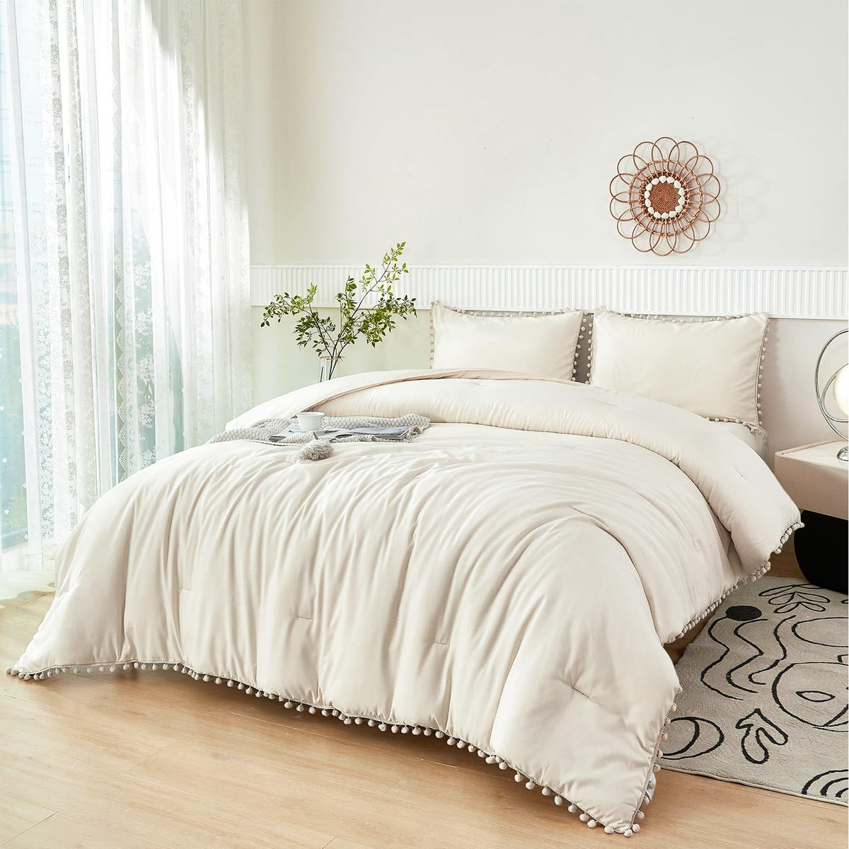 Perfemet Beige Bed In A Bag Full Size 5 Pieces Aesthetic Pom Pom Bedding With Sheet Set Soft Fluffy Cream Boho Solid Bed Set For