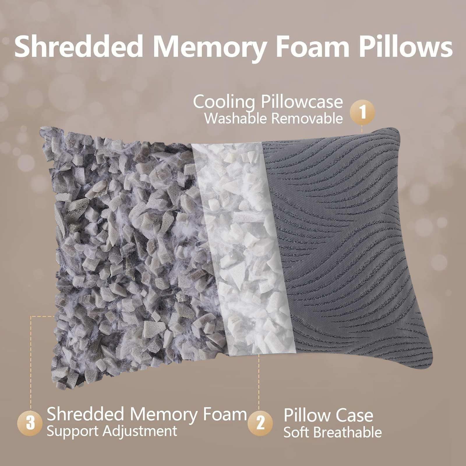 Smilereve Pillows Queen Size Set Of 2 Cooling Shredded Memory Foam Pillows For Sleeping Adjustable Firm Pillow For Back And Side