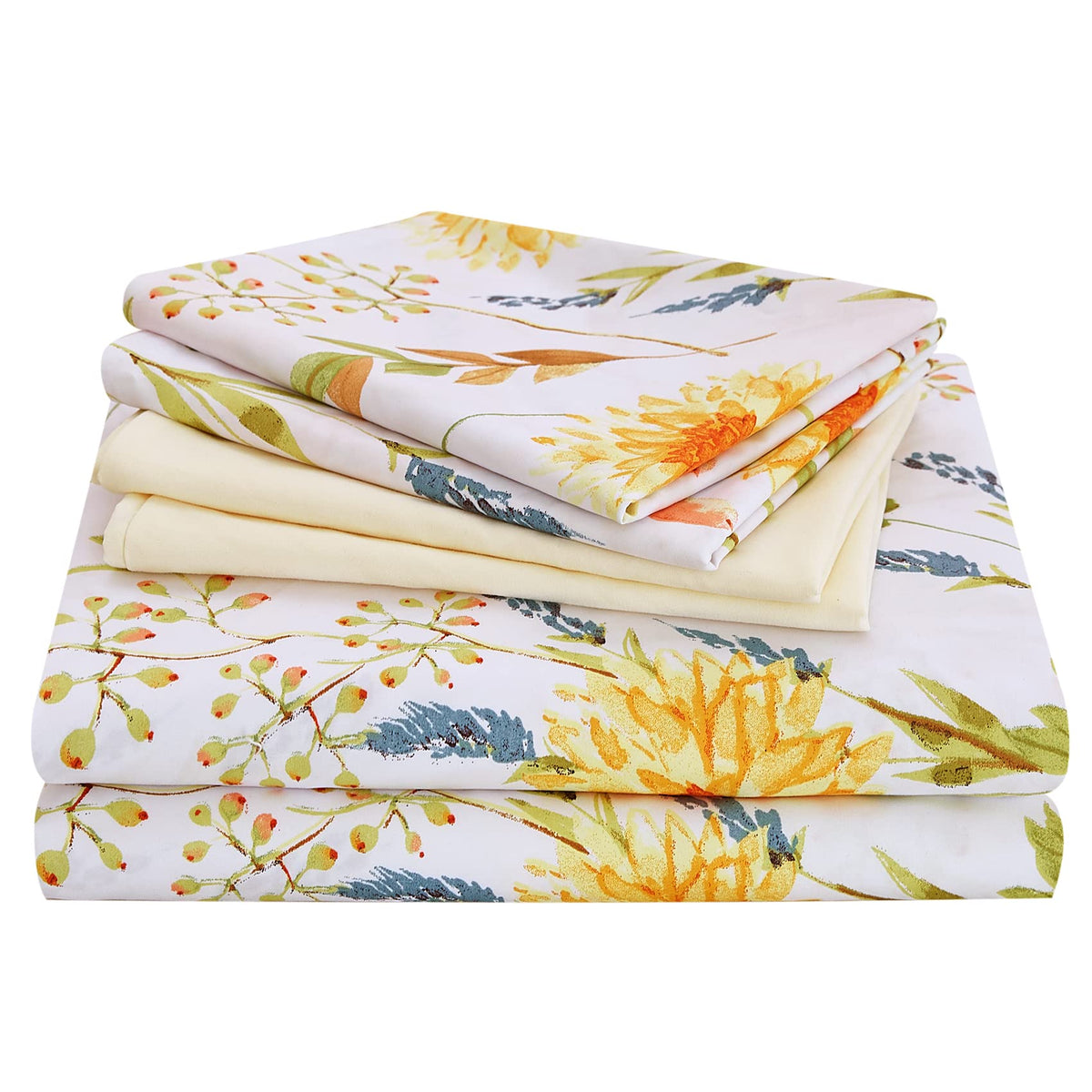 Jsd 6 Piece Yellow Floral Print Sheet Set King Size, Soft Botanical Microfiber Sheets And Pillowcases Deep Pocket
