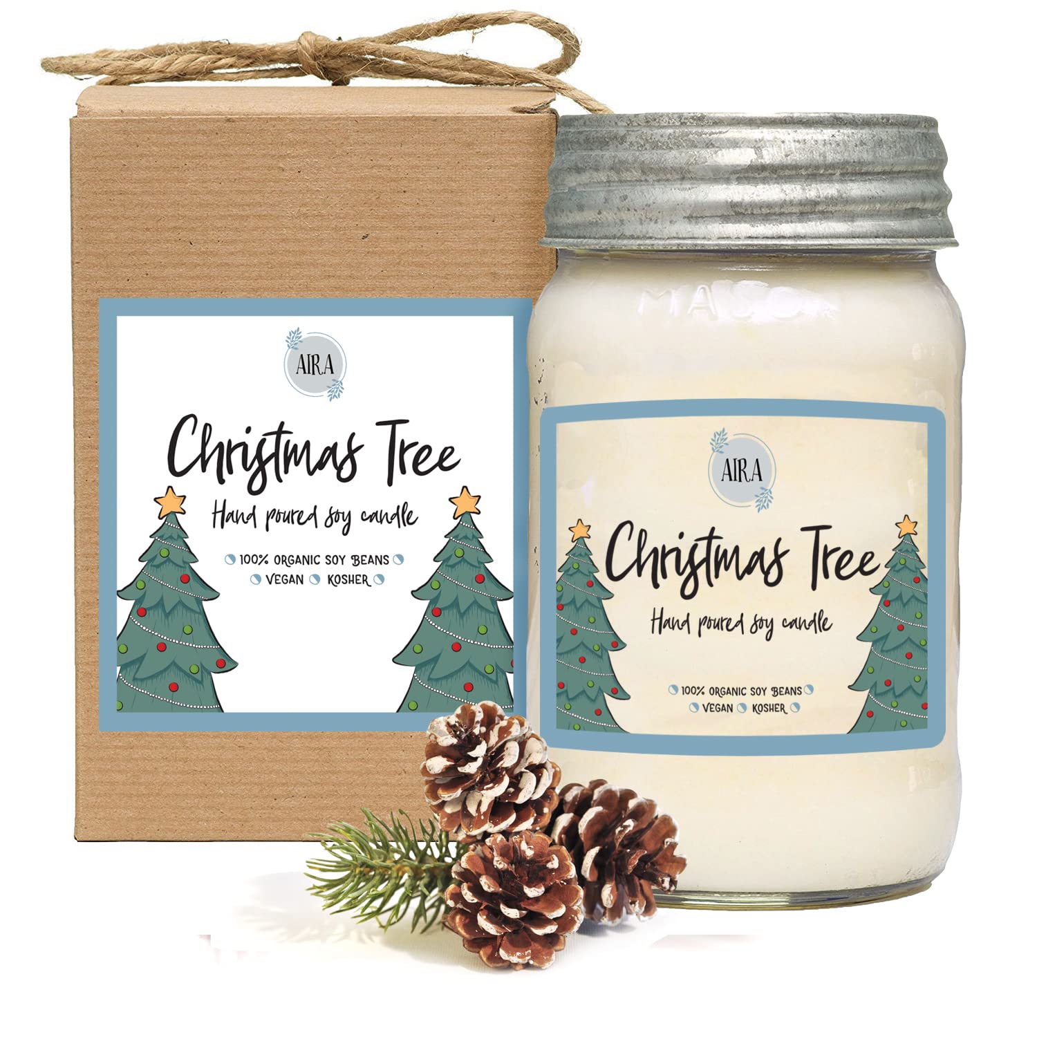 Aira Soy Candles - Organic, Kosher, Vegan, in Mason Jar w/Essential Oils - Hand-Poured 100% Soy Candle Wax - Paraffin Free, 110+