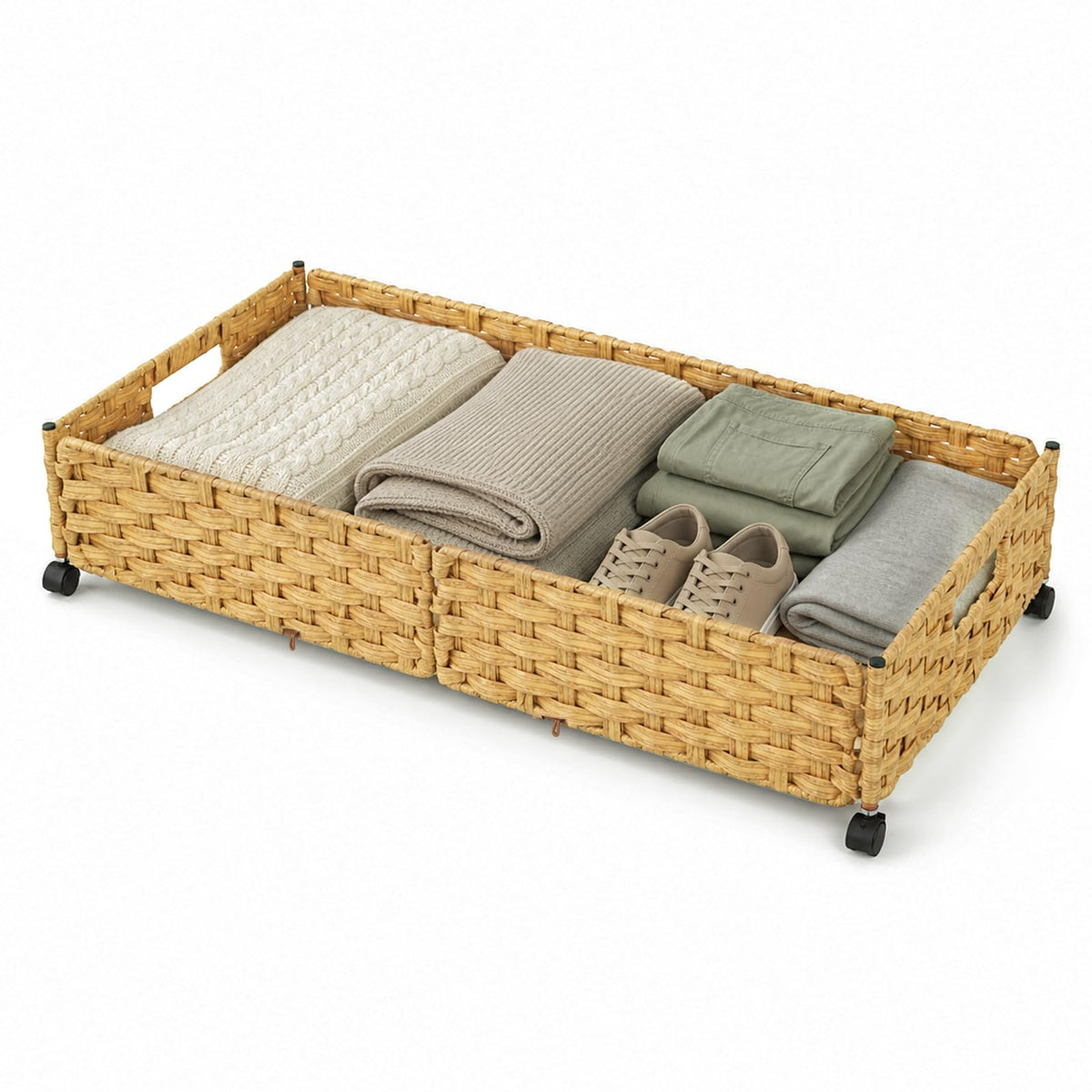 Fzixvow Under Bed Storage with Wheels, 1Pack RattanStyle Woven Baskets