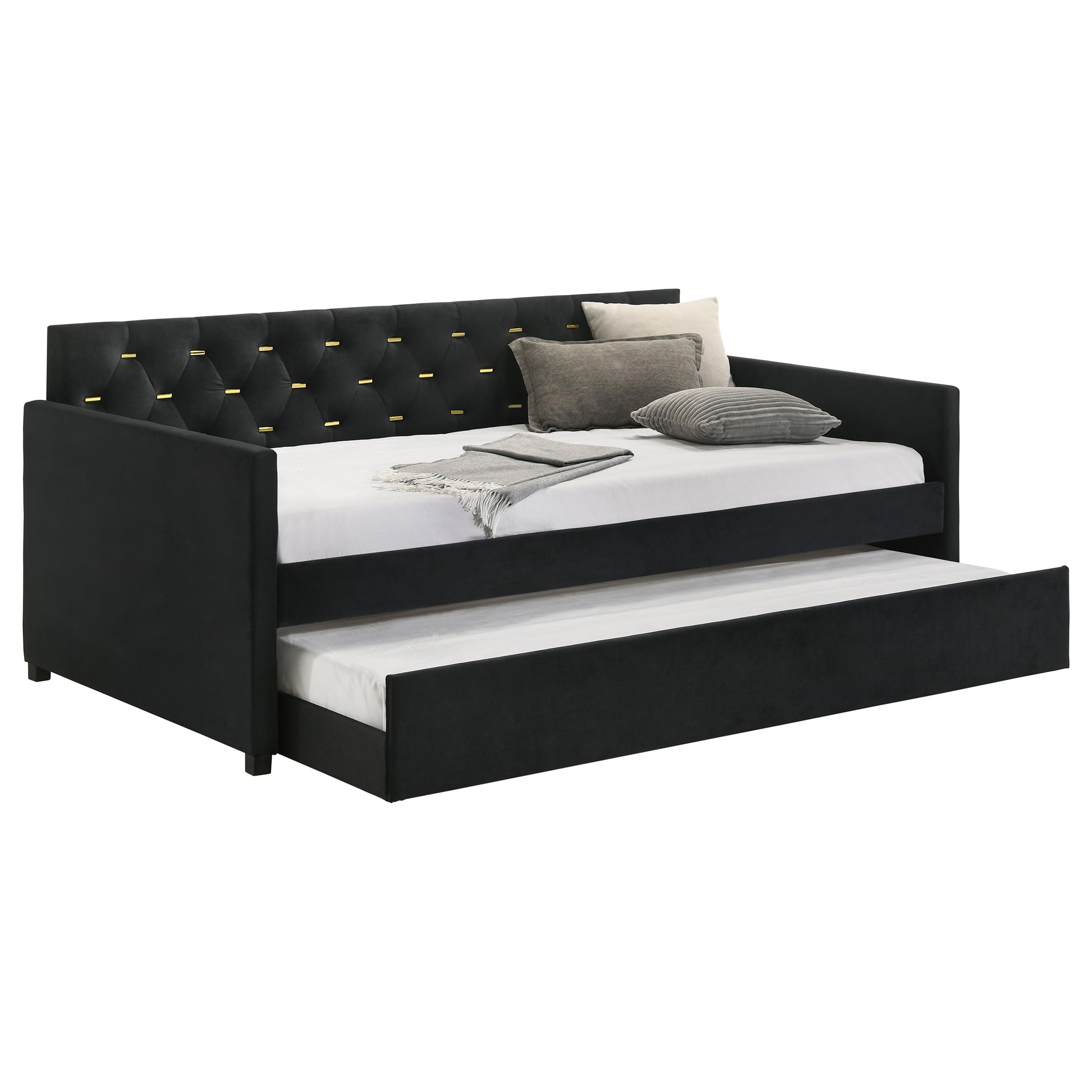 Coaster Home Furnishings Kendall Modern Twin Size Upholstered Daybed with Trundle Tufted Headboard Velvet Upholstery Guest Room Bed Frame Black 300826