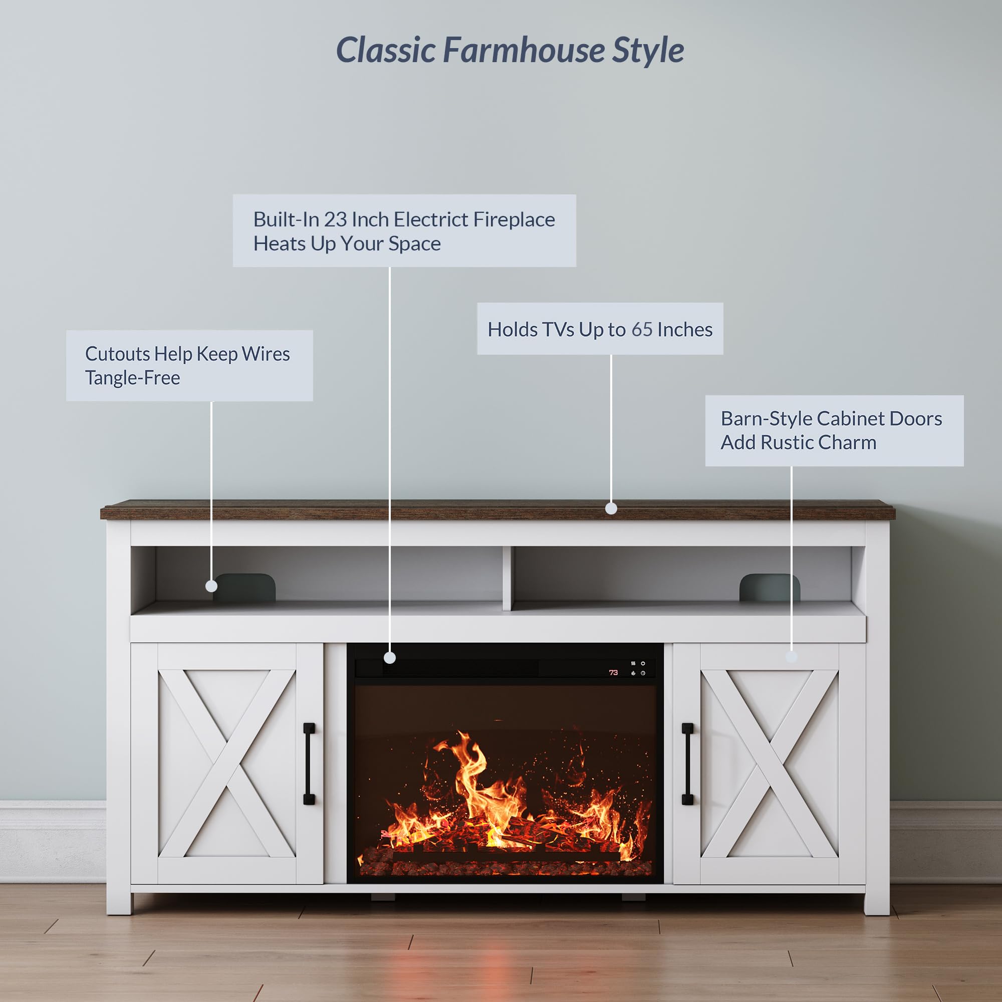 Belleze 58' Farmhouse Fireplace Tv Stand For Tvs Up To 65', 23' Electric Fireplace Heater With Sound, Entertainment Center Media Console Table Barn Door Storage Cabinets For Living Room - White
