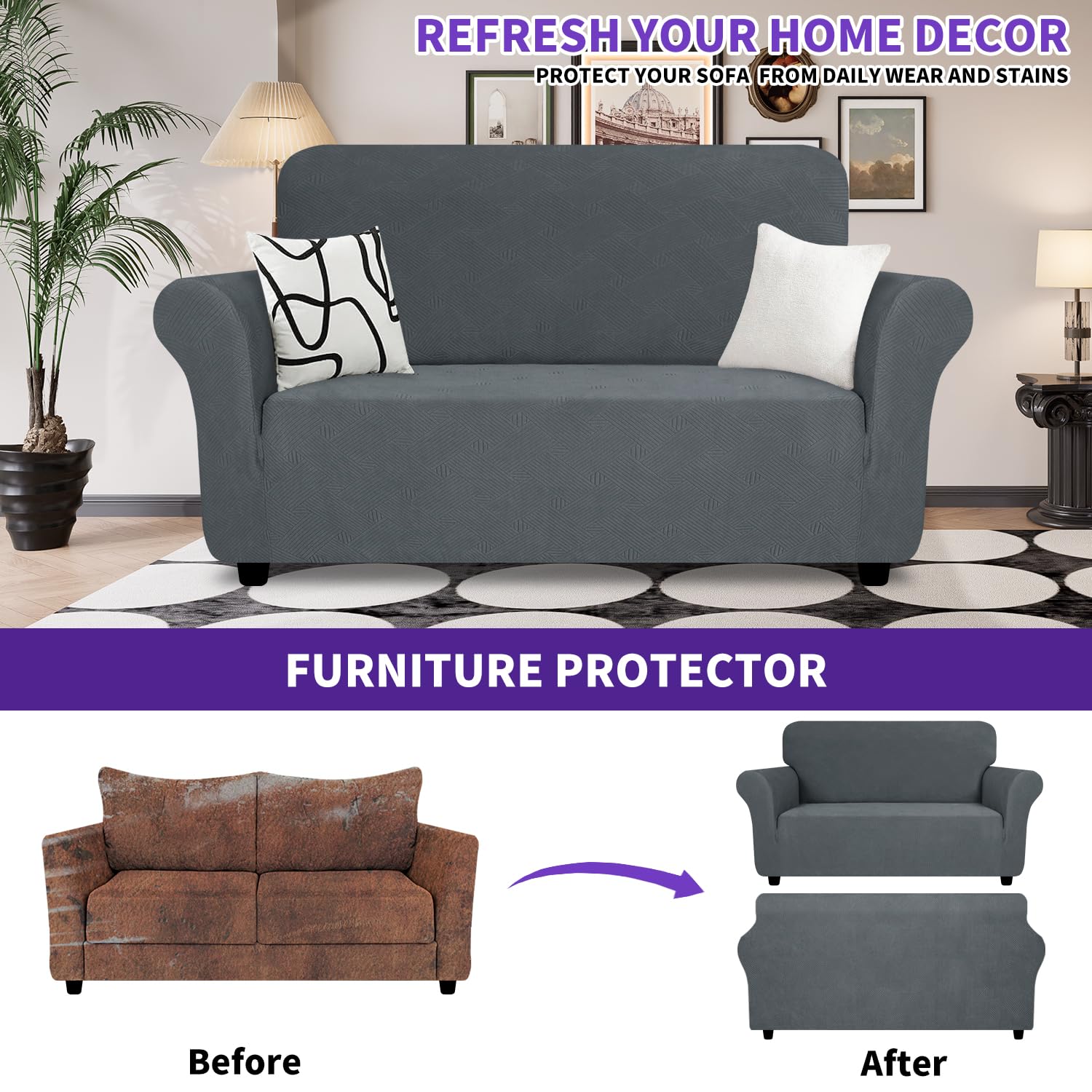 Znsayotx Super Stretch Loveseat Covers (55'-69'), New Striped Love Seat Slipcover, Dogs Pet Friendly Anti-Slip Couch Protector Spandex Durable 2 Seater Fabric Sofa Cover (Dark Grey, Loveseat)