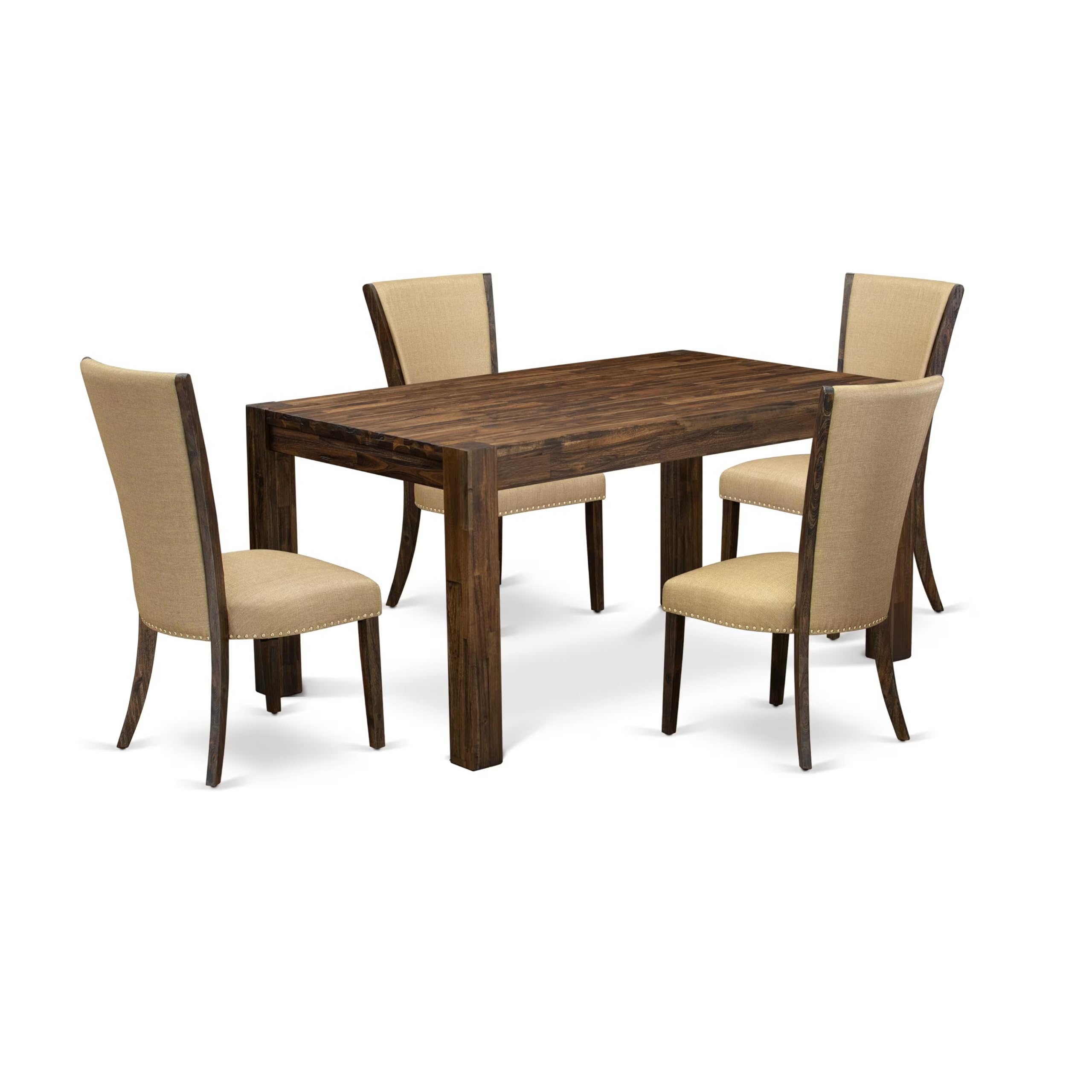 East West Furniture Cnve5-77-03 5 Piece Dining Room Furniture Set Includes A Rectangle Rustic Wood Dining Table And 4 Brown Linen Fabric Upholstered Chairs, 36X60 Inch, Jacobean