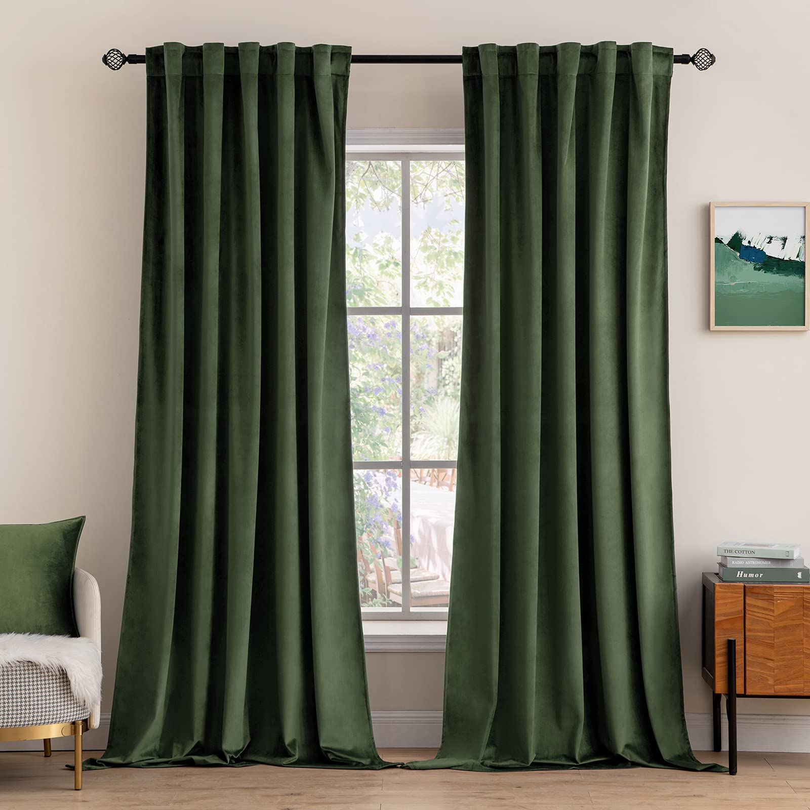 Miulee Velvet Curtains 108 Inches Long 2 Panels - Luxury Blackout Curtains For Bedroom Living Room Thermal Insulated Super Soft Window Drapes Rod Pocket & Back Tab, Olive Green