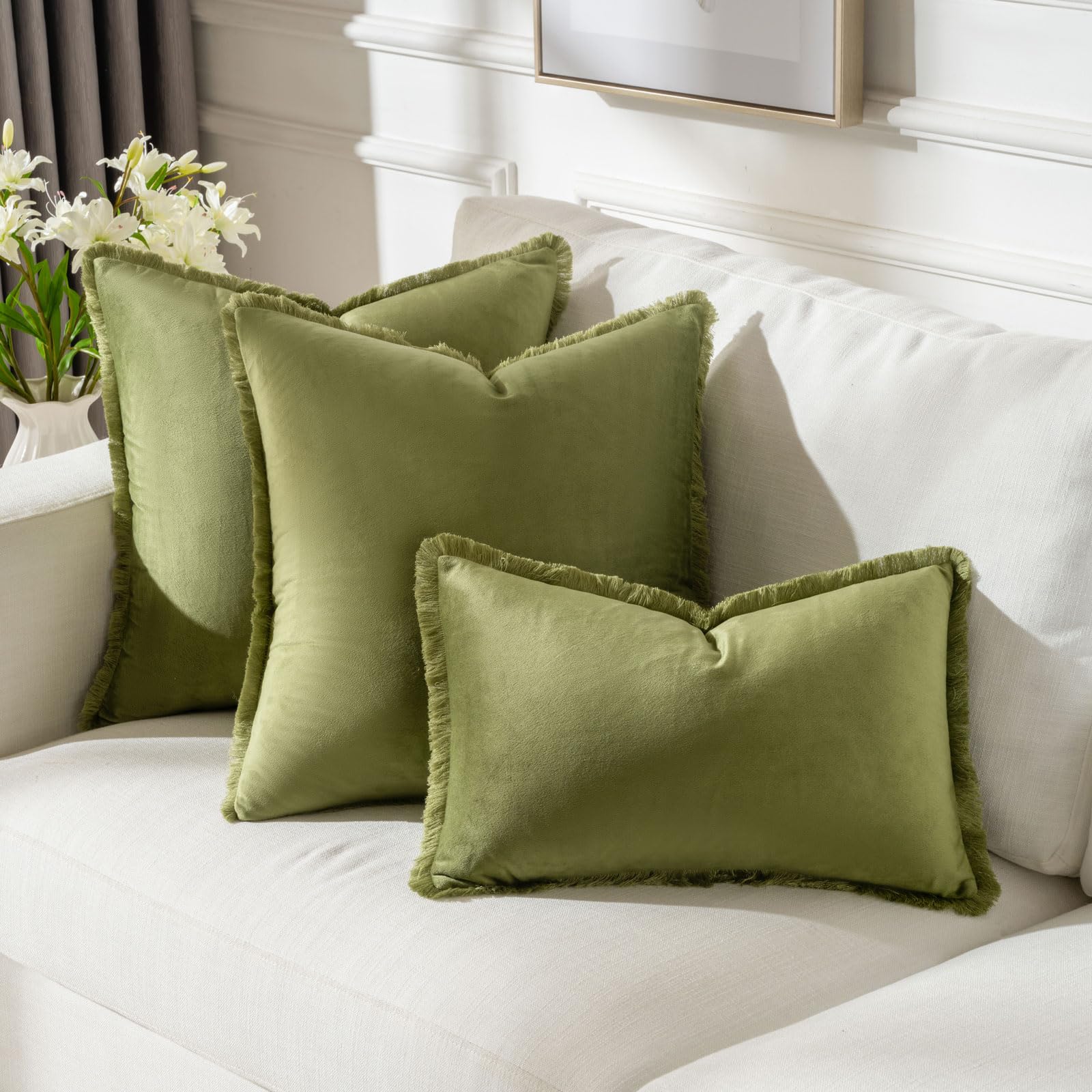 Futei Sage Green Boho Throw Pillow Covers With Tassels 18X18 Inch Set Of 2,Soft Velvet Decorative Cushion Case,Home Decor For Co