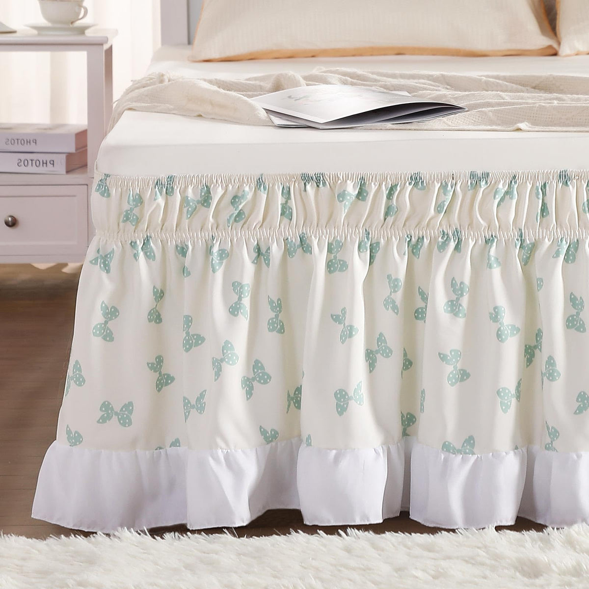 Rimela White Elastic Bed Skirt Queen Szie 16 Inch Drop, Bedskirt Easy To Put On, Solid Wrap Around Dust Ruffle, Fade Resistant S