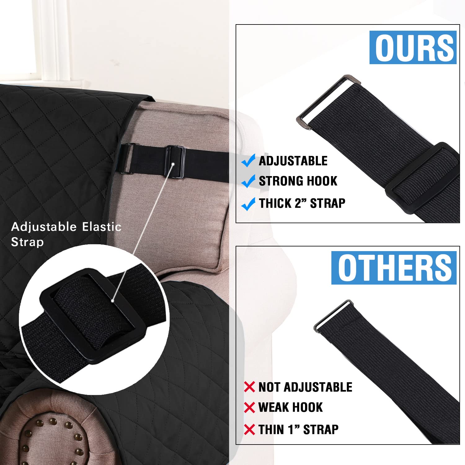 H.Versailtex Sofa Protector For Dogs/Cats/Pets Sofa Slipcover Quilted Furniture Protector With Non Slip Elastic Strap Water Resistant Sofa Covers Couch Covers Seat Width: 66' (Sofa, Black/Grey)