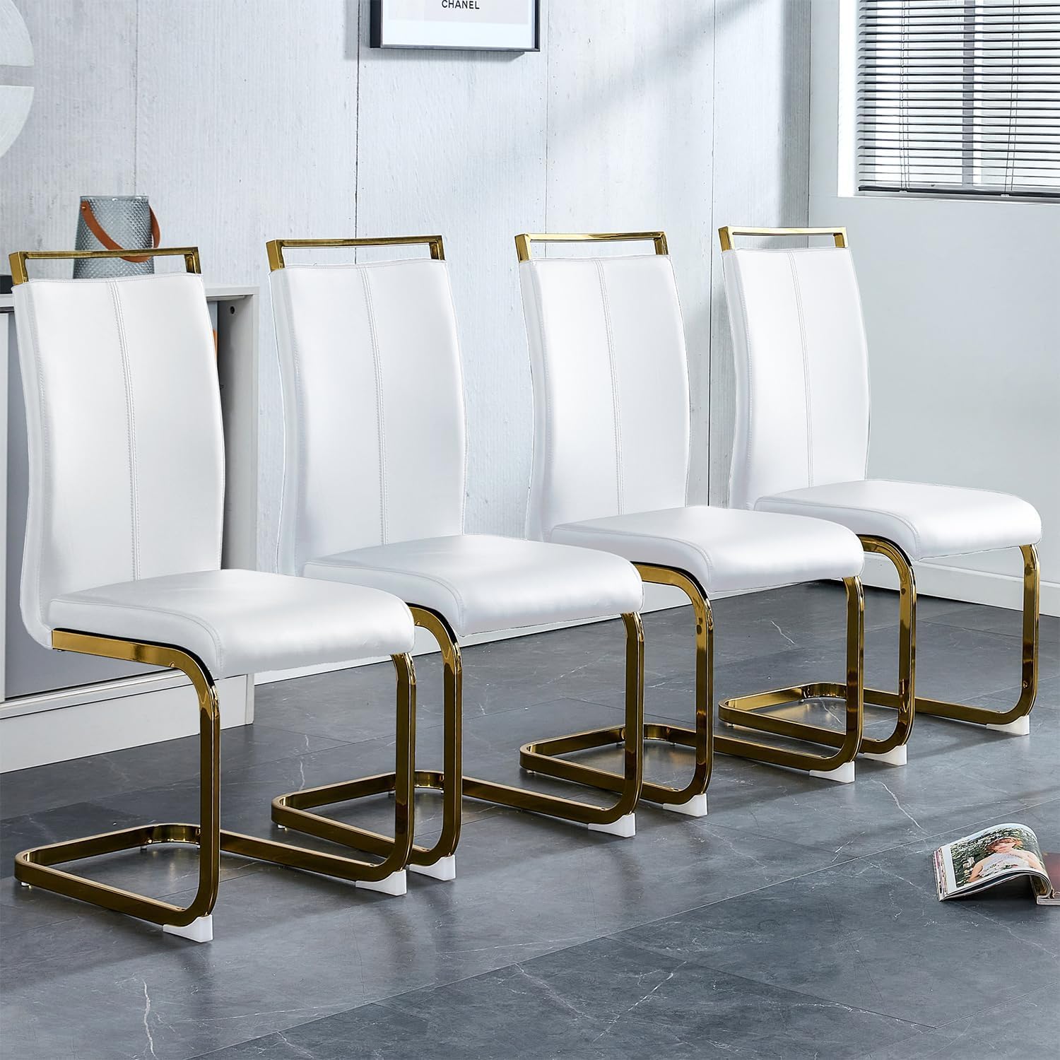 Gopop Modern Dining Chairs Set Of 4,High Back White Kitchen Chairs,Faux Leather Side Chair With Gold Plated Metal Legs,Easy To C