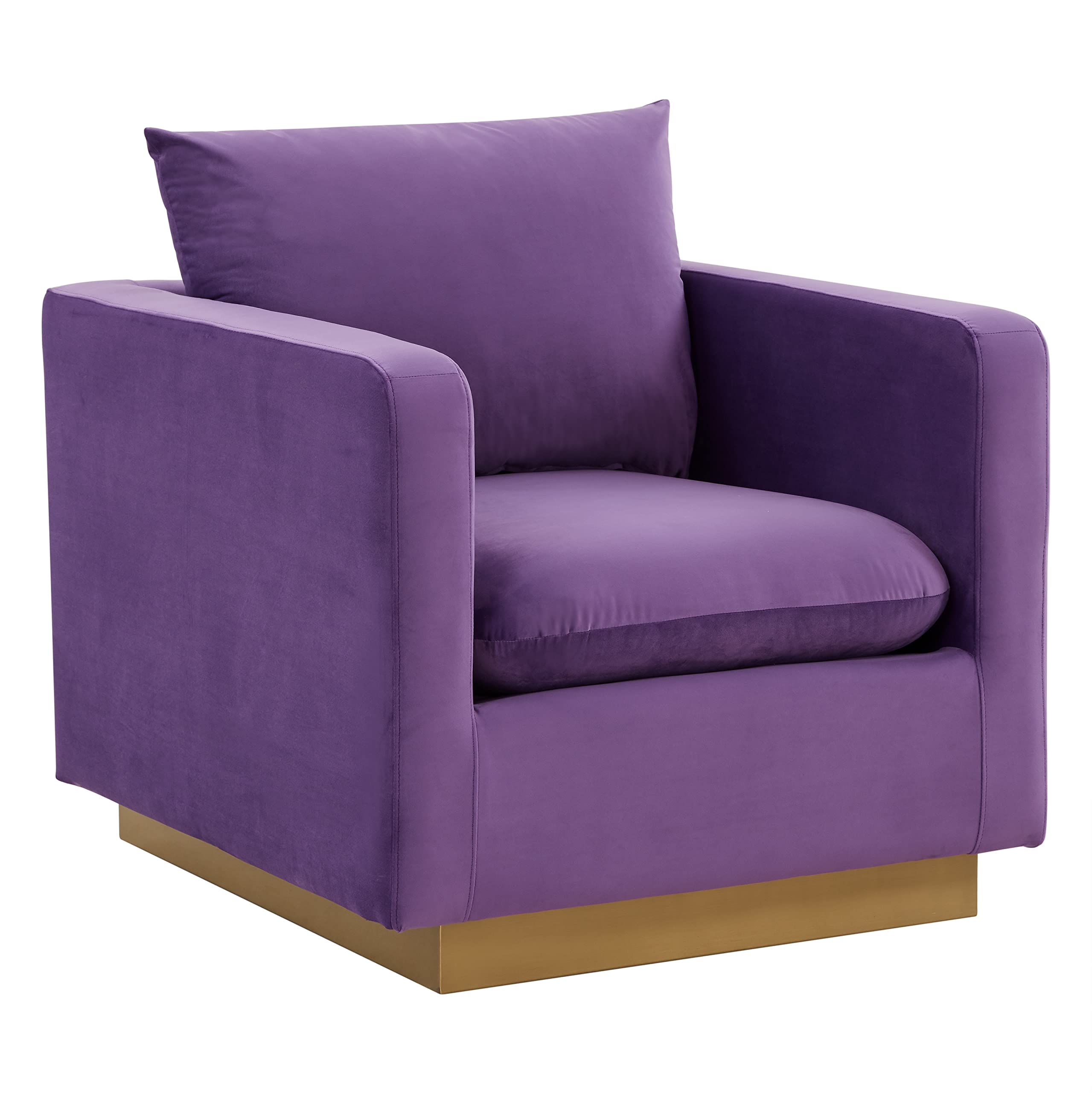 LeisureMod Nervo Modern Upholstered Velvet 32 Accent Chair with Gold Base & Removable Cushions (Purple)