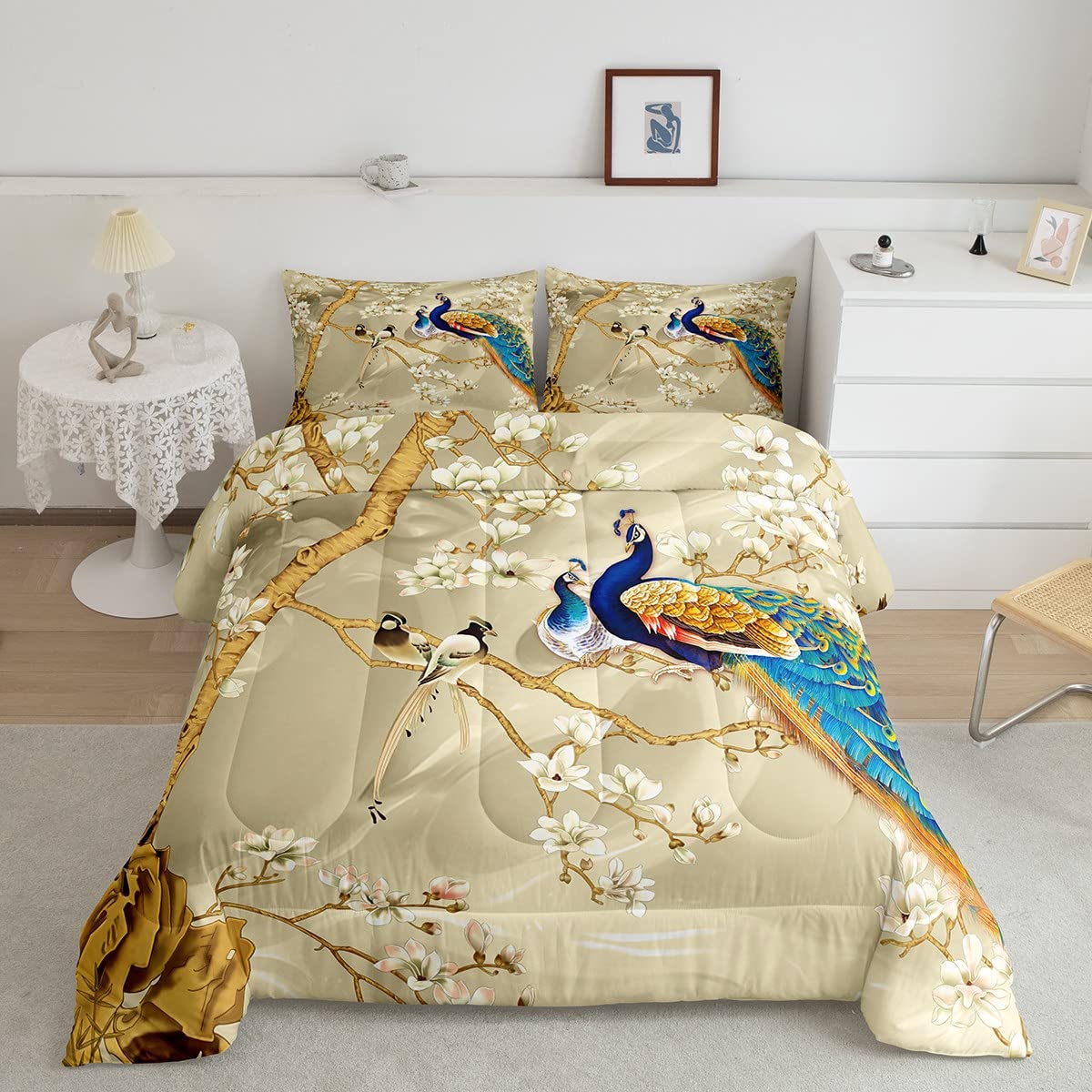 Feelyou Peacock Comforter Peacock with Floral Bedding Set for Kids Adults Girls Animals Comforter Set Botanical Quilt Set 1 Comf