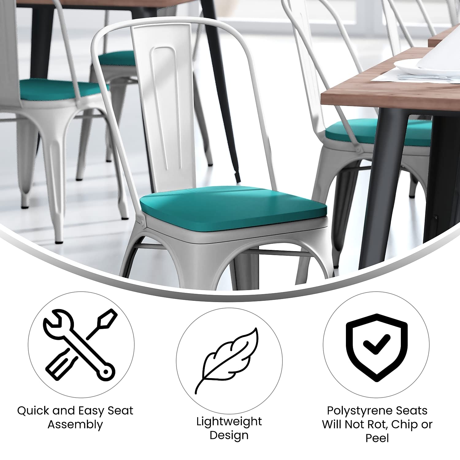 Flash Furniture Perry Indoor/Outdoor Commercial Stackable Chair with Polystyrene Metal Frame Mint Poly Resin Rounded Seat Edges for Comfort, 20" D x 18" W x 33" H, White