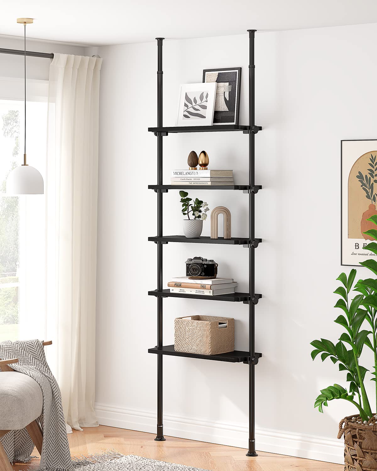 ALLZONE 5 Tiers Narrow Bookshelf, Tall Adjustable Ladder Book Shelf with Open Storage, Floor to Ceiling Tension Mount, Wooden In
