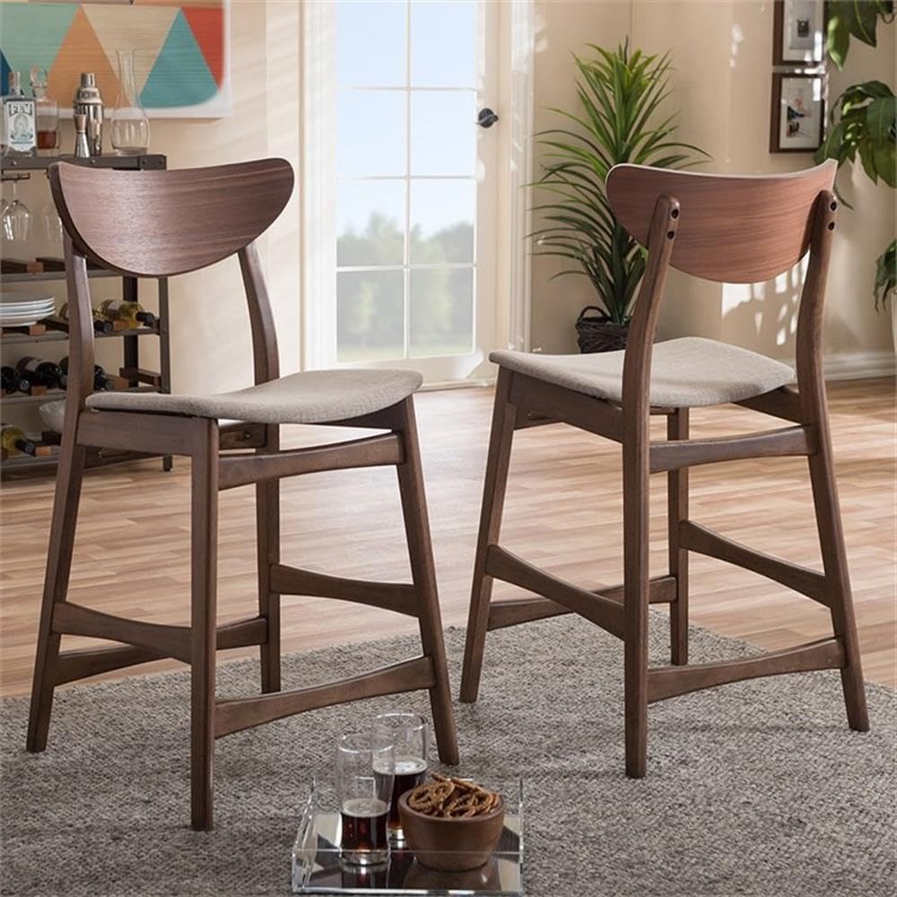 Baxton Studio 2 Piece Latina Scandinavian Style Light Grey Fabric Upholstered Walnut Counter Stool Set, 24', Gray
