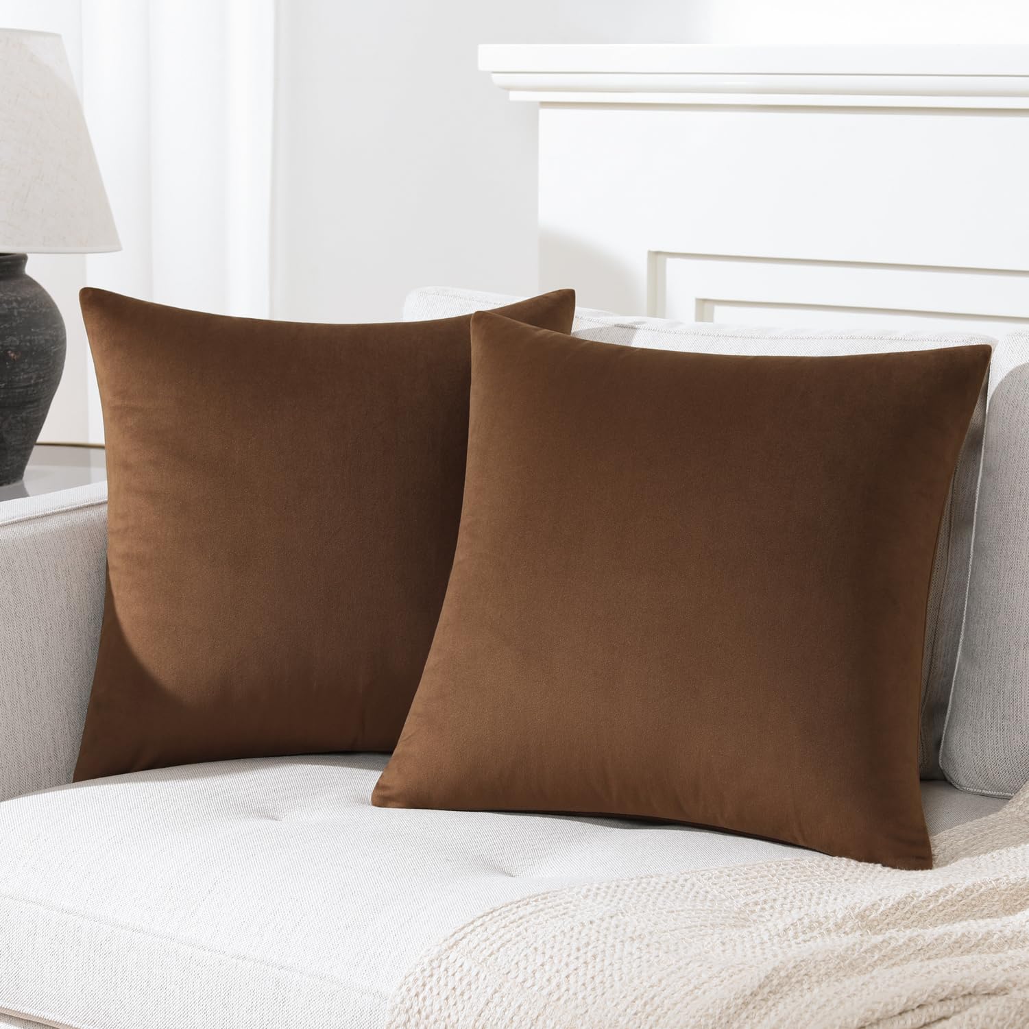 Mixhug Decorative Throw Pillow Covers, Velvet Cushion Covers, Solid Throw Pillow Cases For Couch And Bed, Brown, 26 X 26 Inches,