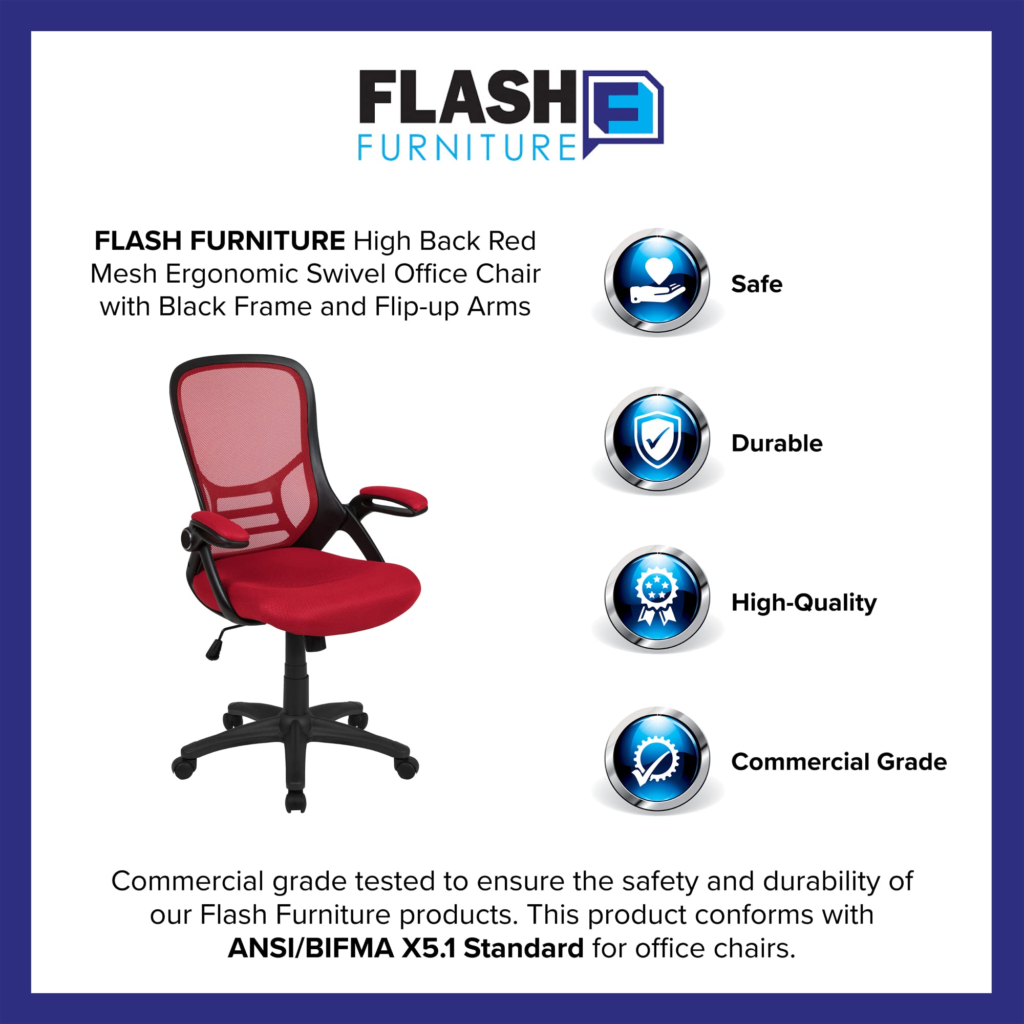 Flash Furniture Porter High Back Mesh Ergonomic Swivel Office Chair With Lumbar Support, Flip-Up Arms, Tilt Lock/Tilt Tension, Height Adjustable, Red/Black Frame