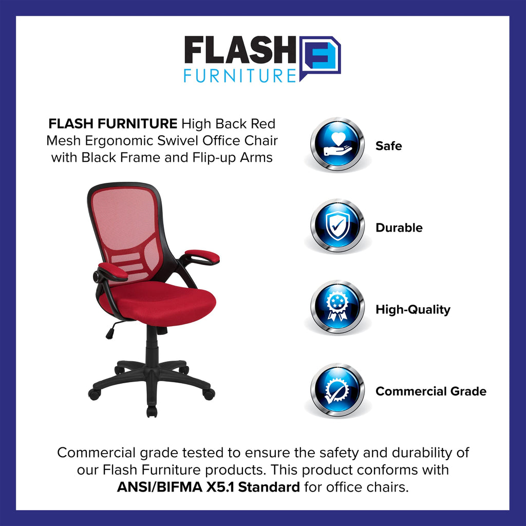 Flash Furniture Porter High Back Mesh Ergonomic Swivel Office Chair With Lumbar Support, Flip-Up Arms, Tilt Lock/Tilt Tension, Height Adjustable, Red/Black Frame
