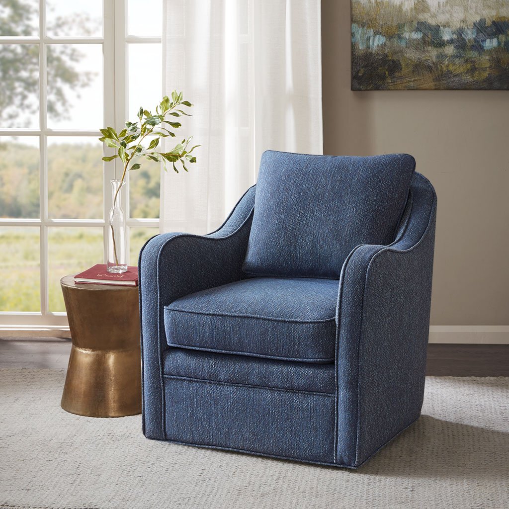 Madison Park Brianne Swivel Chair - Solid Wood, Plywood, Metal Base Accent Armchair Modern Classic Style Family Room Sofa Furniture, 29.5" Wide, Navy