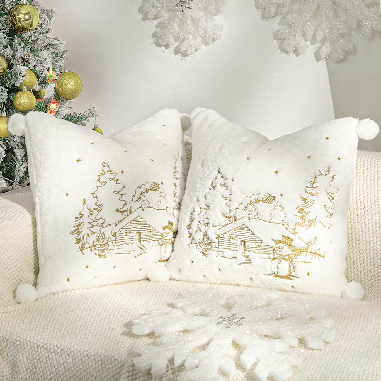 Lewondr Throw Pillow Cover, 18X18 Inch Set Of 2 Soft Faux Fur Decorative Pillow Cover With Plush Ball Cute Embroidered Tree Hous
