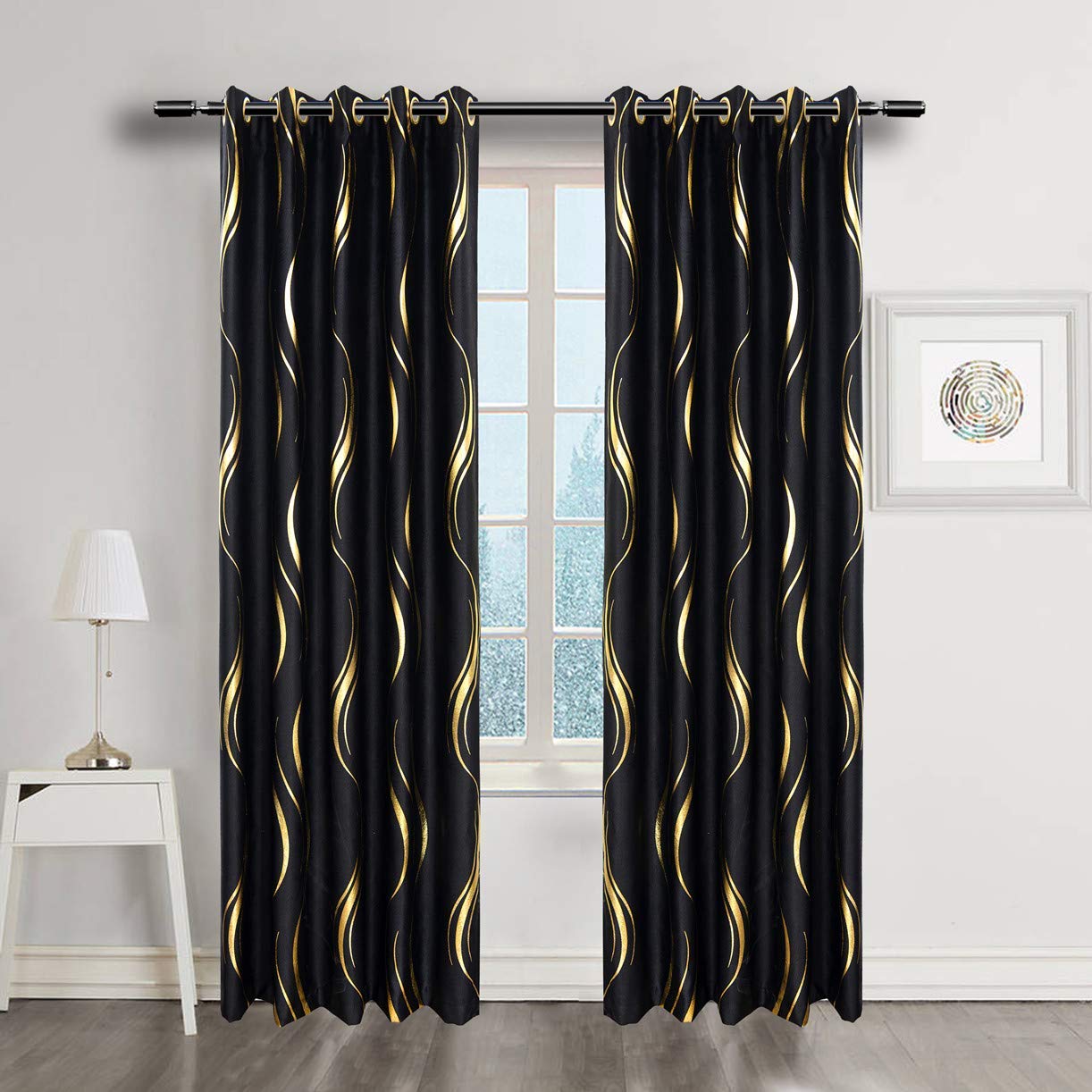 Myru 1 Pair Blackout Curtains For Bedroom, Luxury Striped Curtains For Living Room (Black And Gold, 2 X 54 X 84 Inch)