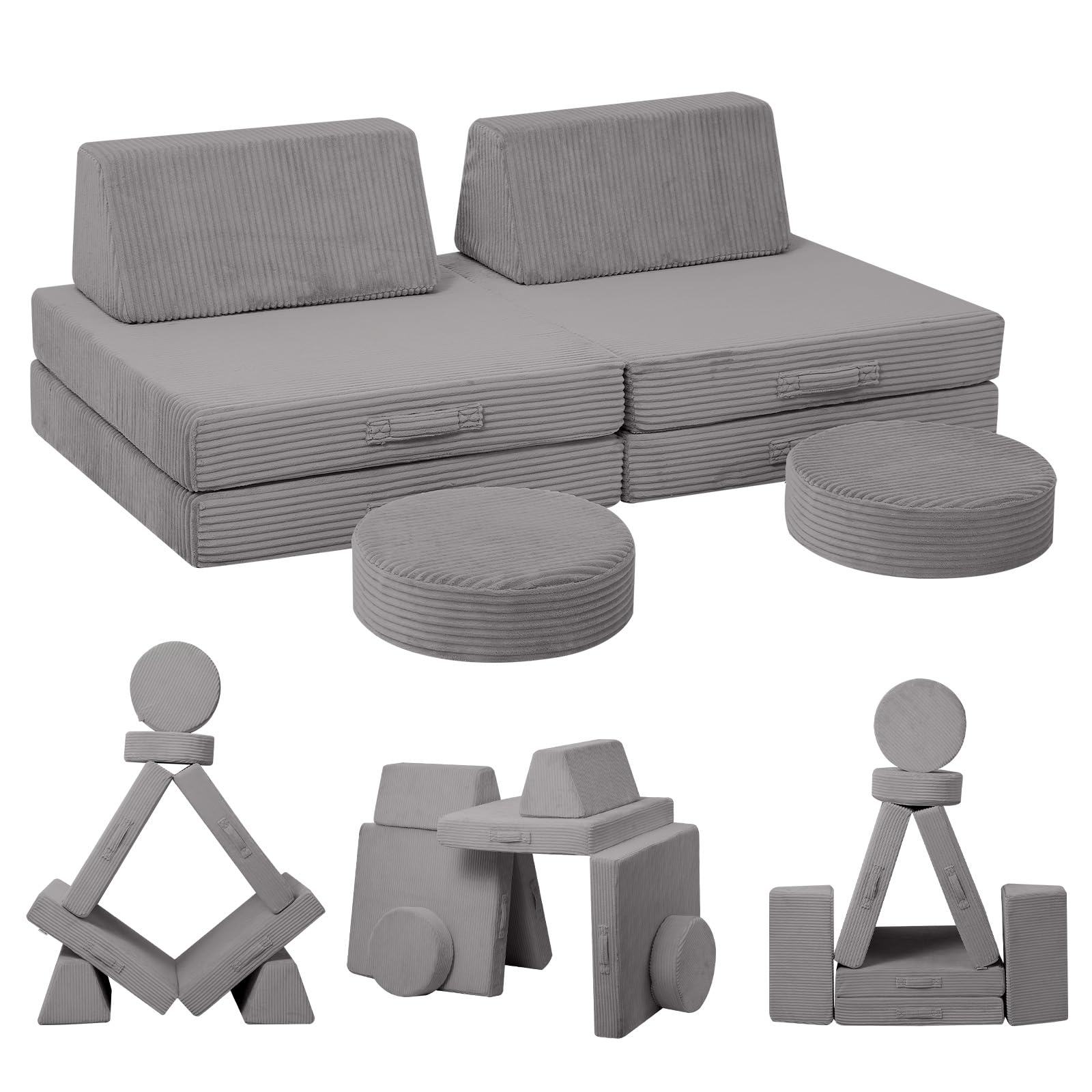 Memorecool Kids Couch For Playroom, Corduroy Convertible Toddler Couch, 8 Piece Modular Play Sofa, Foam Fort Building Set For Ch