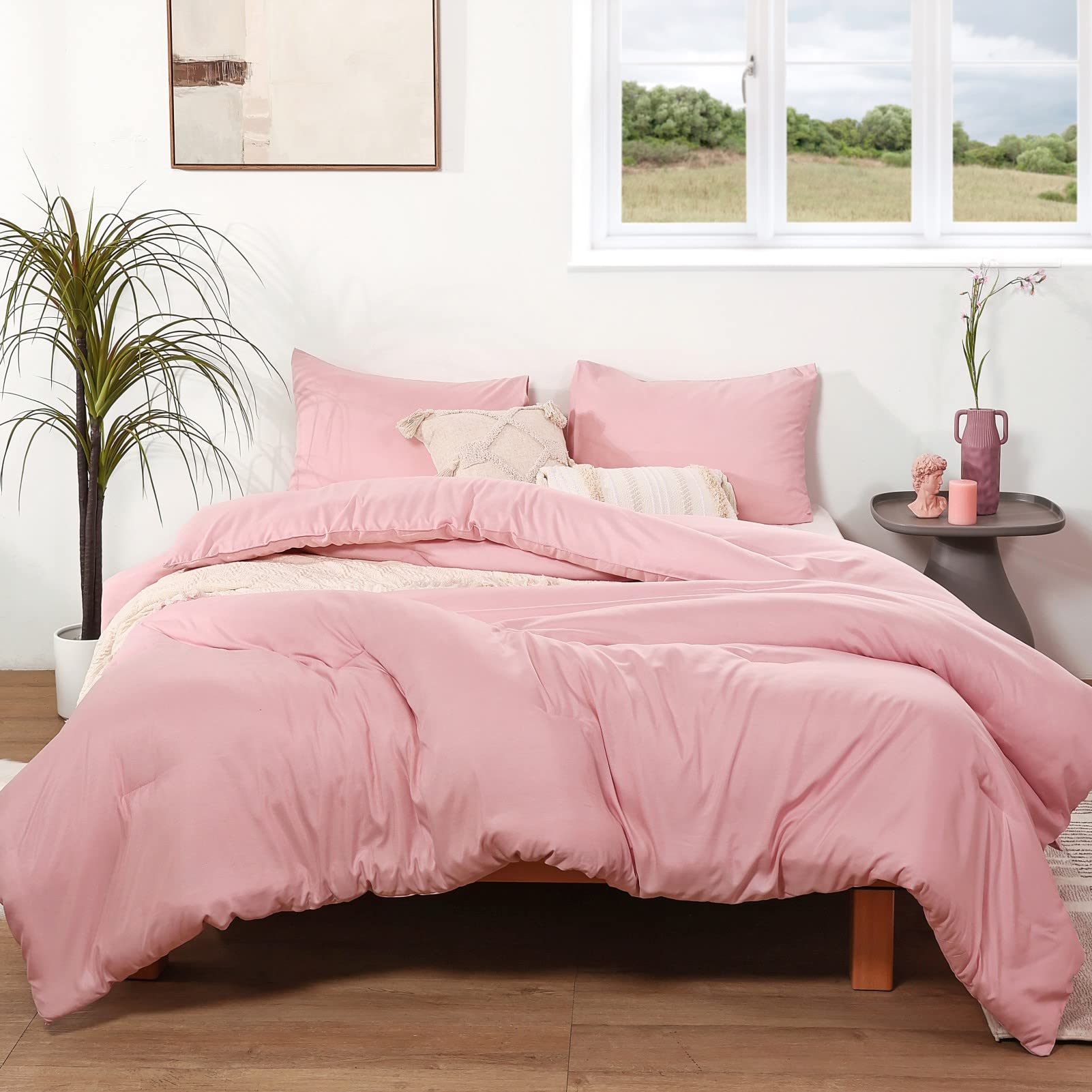 Rosgonia Pink King Size Comforter Set, 3Pcs Pink Bed Set (1 Boho Light Pink Comforter & 2 Pillowcases), All Season Bedding Comfo