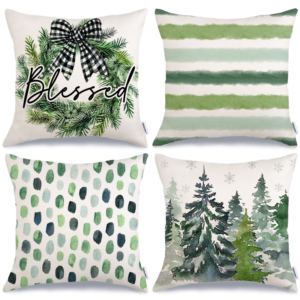 Geeory Christmas Throw Pillow Covers 20X20 Inch Set Of 4, Xmas Trees Wreath Blessed Polka Dot Striped Winter Holiday Farmhouse D