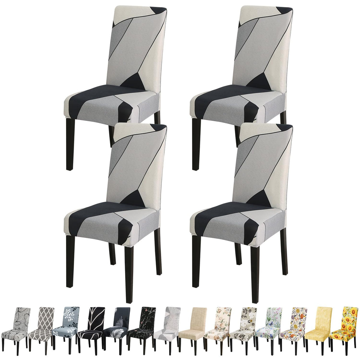 Jqinhome Pattern Chair Covers For Dining Room Set Of 4, High Stretch Removable Washable Parsons Chair Slipcover For Home Party Hotel Wedding Ceremony (White Grey,4Pcs)