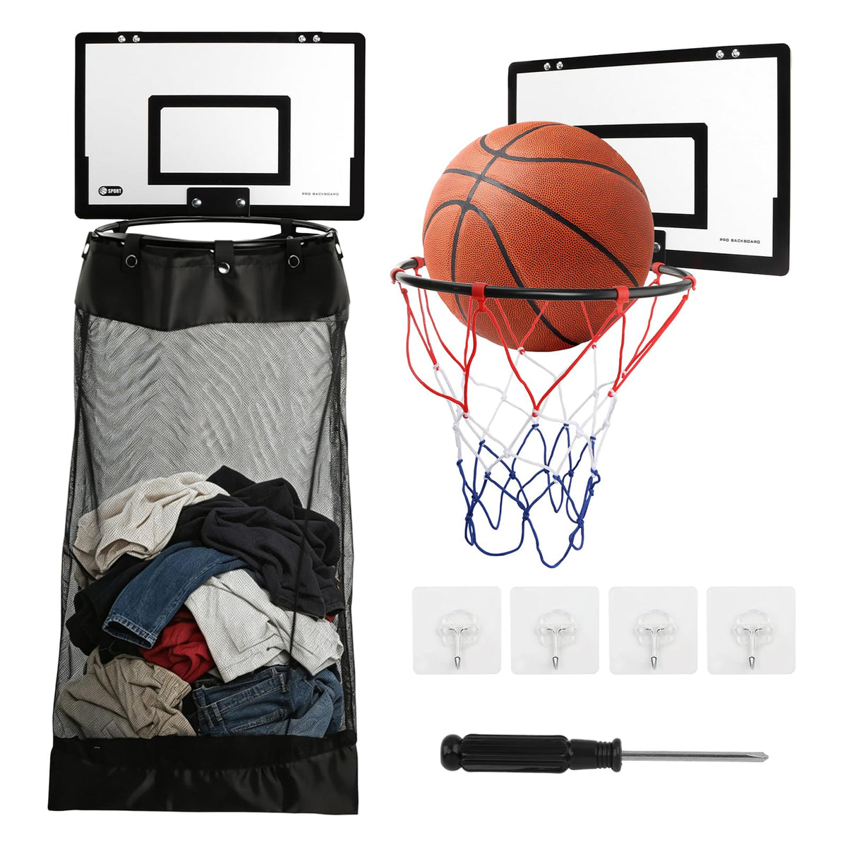 2 in1 Wooden Basketball Hamper Over the Door Basketball Hoop Laundry Basket Mesh Hoop Laundry Basket for Room,Dorm Rooms,Bathroo