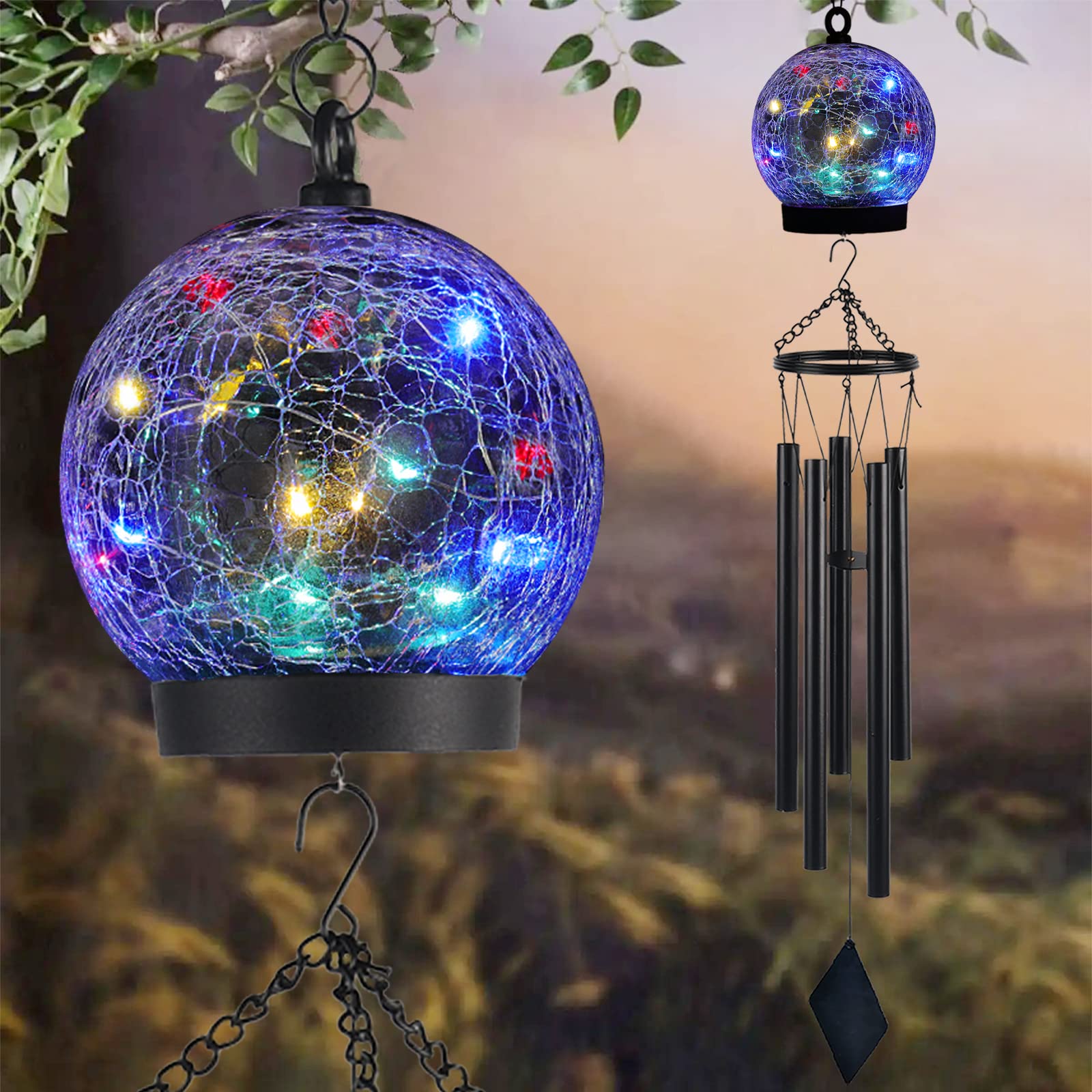 Garden Wind Chimes Outdoor, Solar Hanging Glass Ball Wind Chimes With 15 Twinkling Leds 42 Inch Large With Unique Memorial Sympa