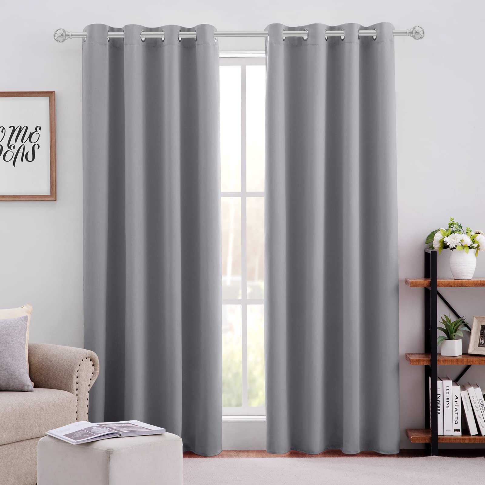 Homeideas Blackout Curtains For Bedroom 52 X 84 Inch Long 2 Panels Set Light Grey/Gray Room Darkening Curtains/Drapes, Soundproo