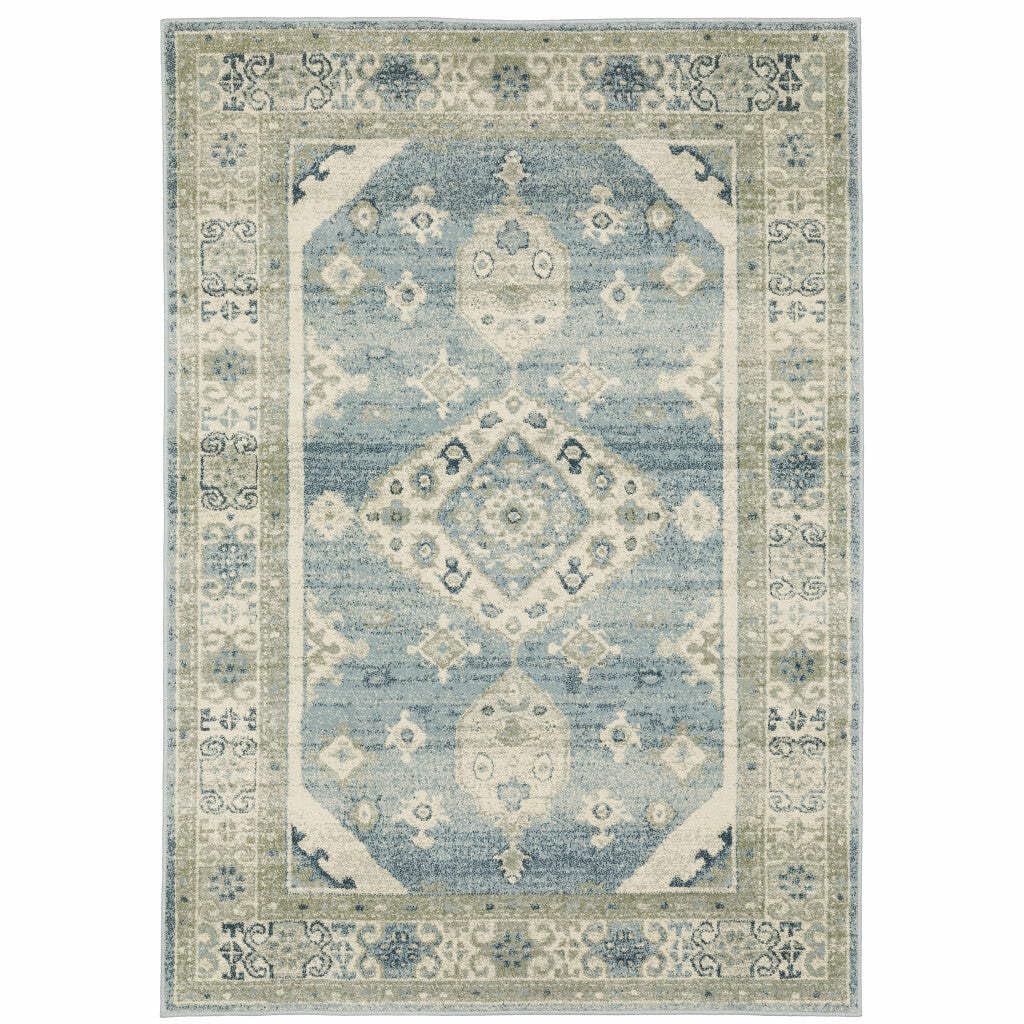 HomeRoots 508439 8 x 10 ft. Blue Gray Beige & Teal Oriental Power Loom Stain Resistant Rectangle Area Rug