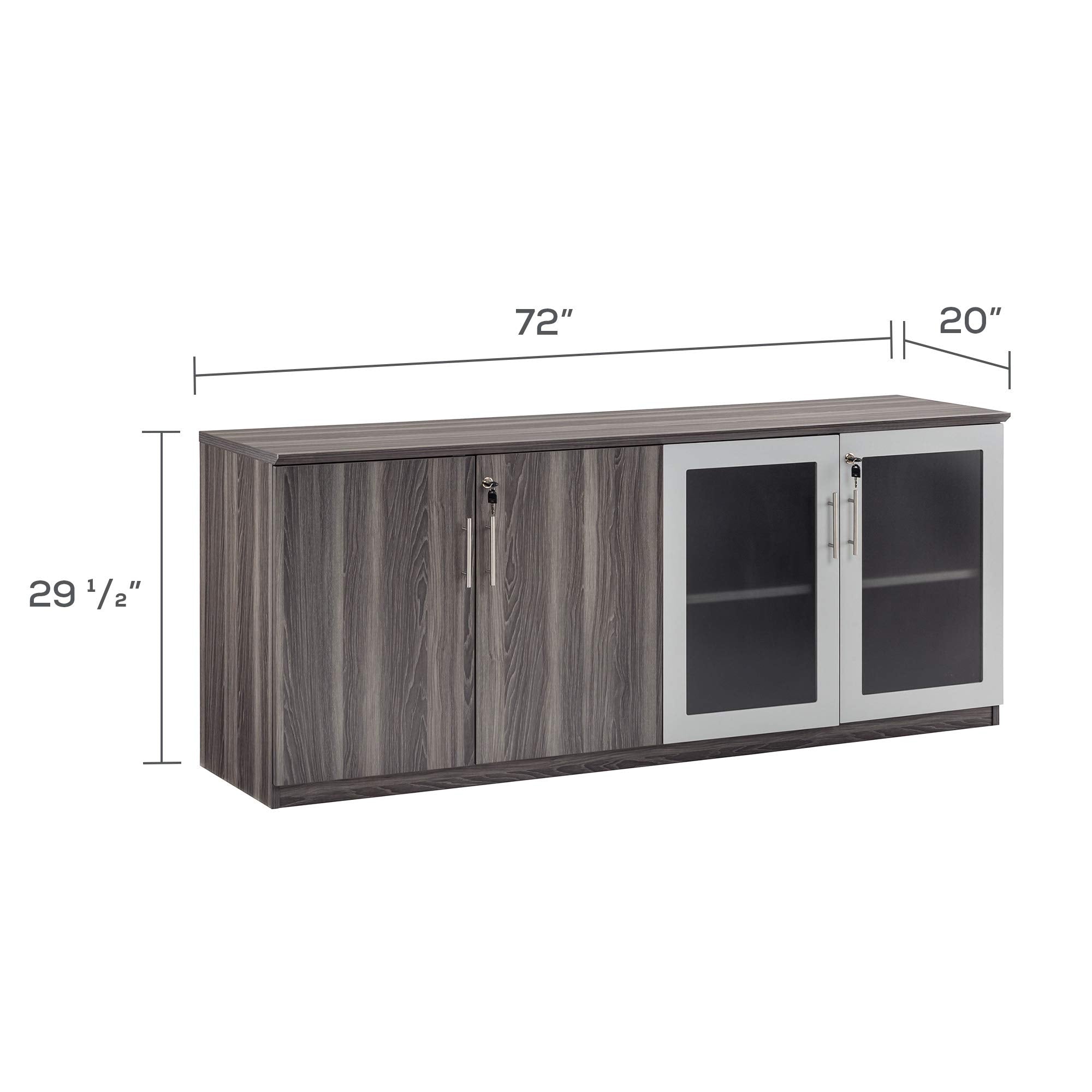 Safco Products Medina Modern Office Storage Wall Cabinet With Wood And Glass Doors, 72&quot;W X 20&quot;D X 29 1/2&quot;H, Gray Steel