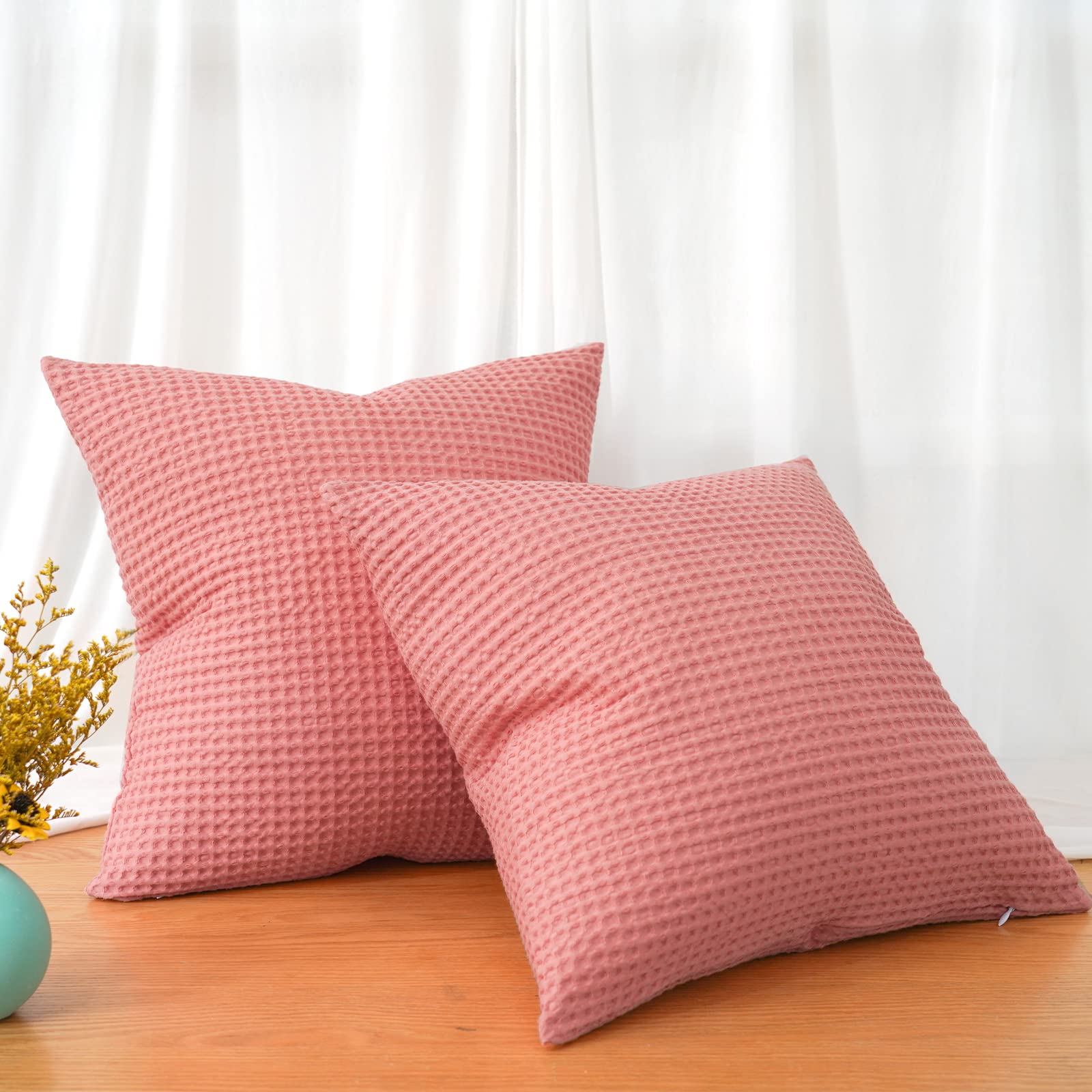 Phf 100% Cotton Waffle Weave Euro Shams Pillow Covers 26' X 26', No Insert, 2 Pack Elegant Home Decorative Euro Throw Pillow Covers For Bed Couch Sofa, Coral Pink