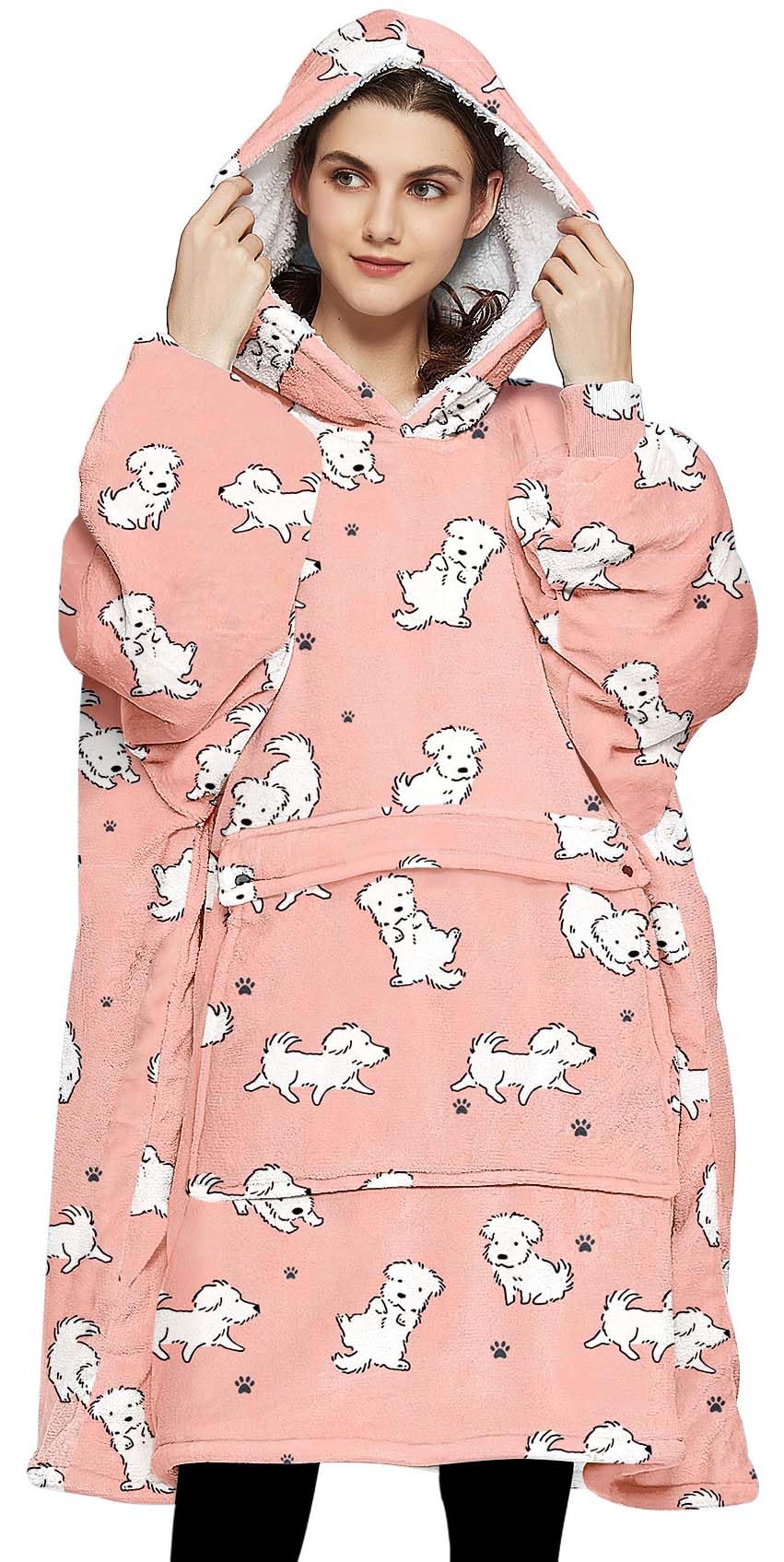 Kfubuo Wearable Blanket Hoodie For Adult Sherpa Dog Patterns Oversized Hoodie Sweatshirt Blanket With Pockets Birthday Gifts For