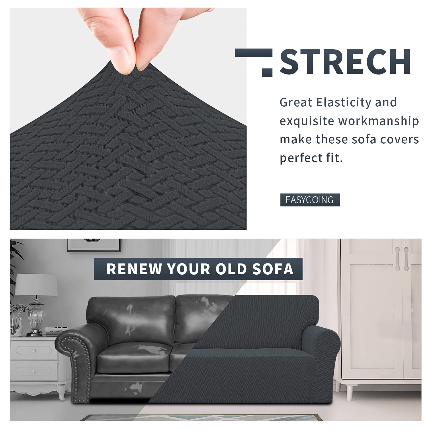 Easy-Going Stretch Jacquard Couch Cover, 1-Piece Soft Sofa Cover, Sofa Slipcover With Anti-Slip Foams, Washable Furniture Protector For Kids, Pets (Sofa, Dark Gray)