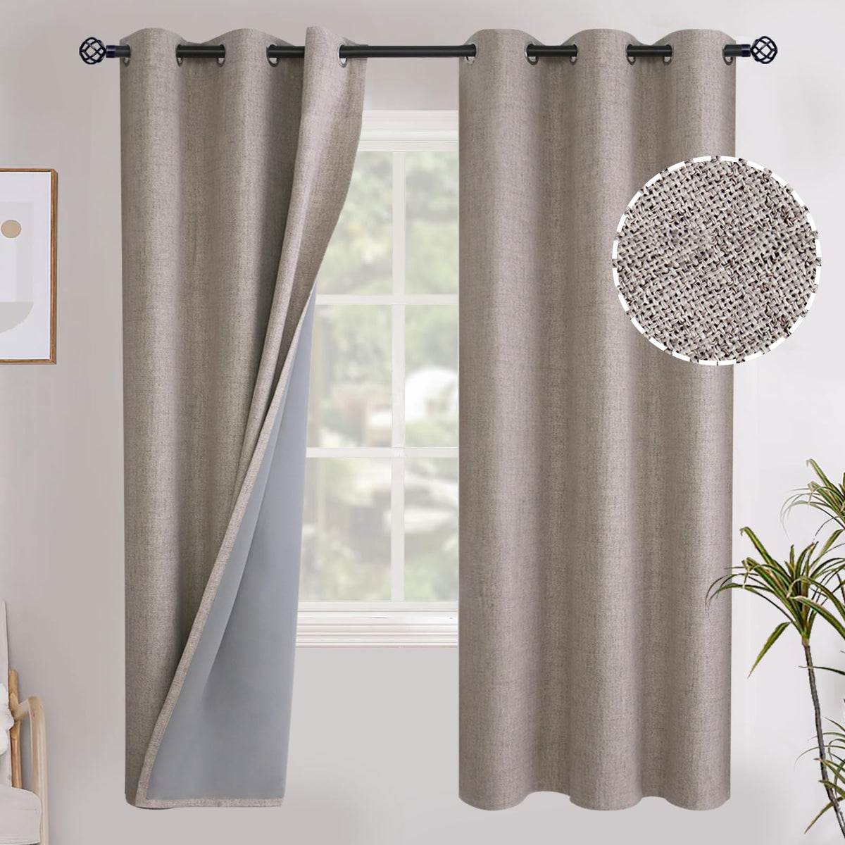 Youngstex Linen Textured Blackout Curtains 72 Inches Length, Full Room Darkening Grommet Burlap Linen Drapes For Bedroom Living