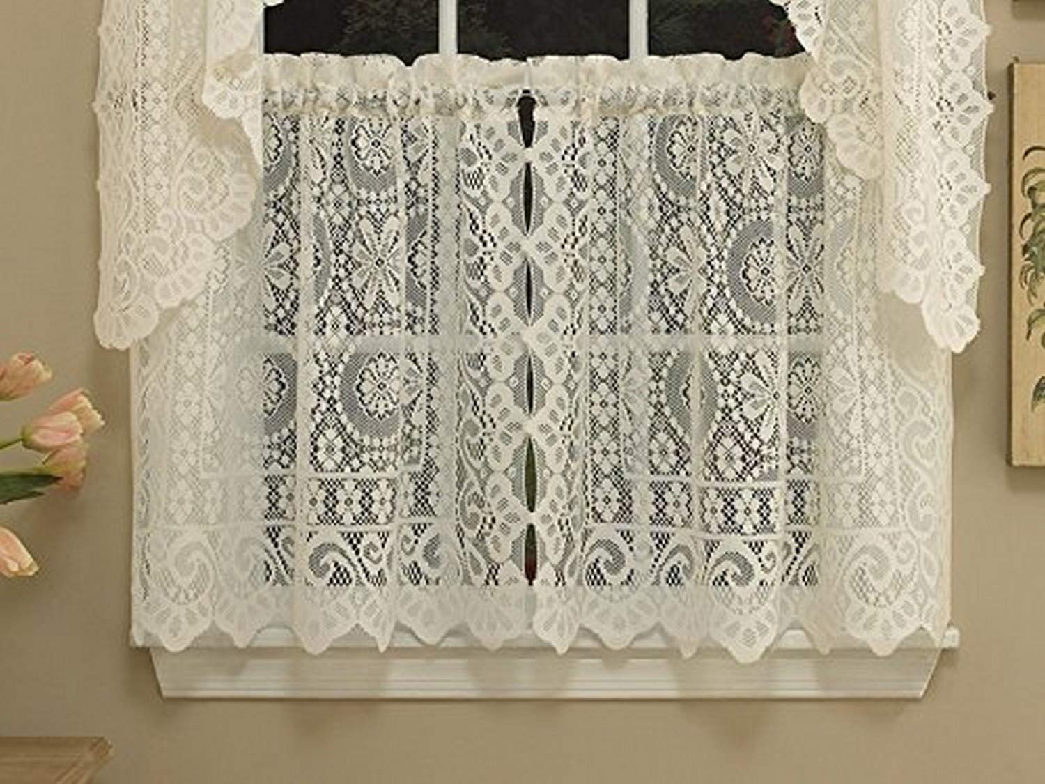 Sweet Home Collection Old World Style Floral Heavy Lace Kitchen Curtain, 24 Tier, Hopewell Cream