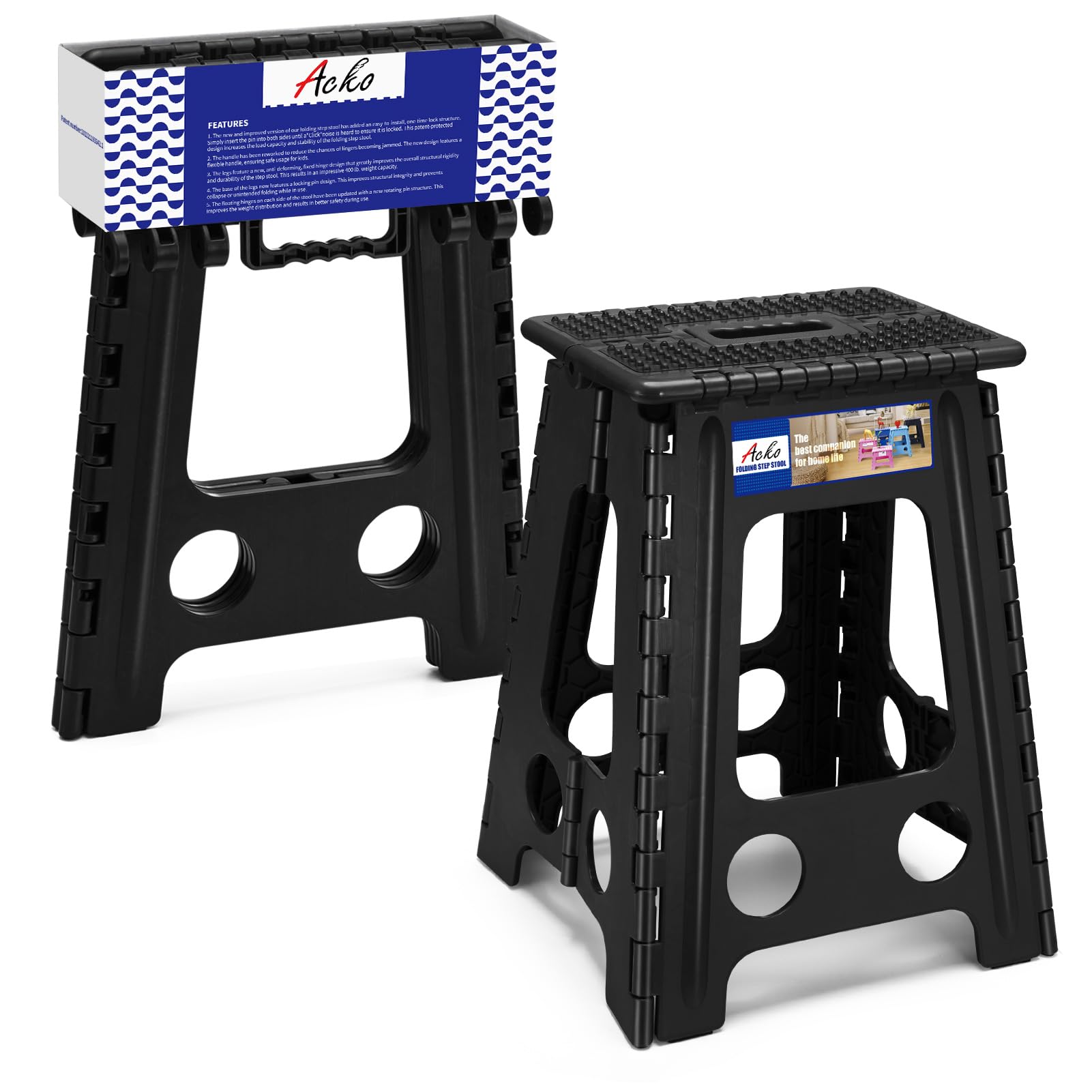 Acko Folding Step Stool Foldable 17.5 Inch Stools For Adults And Kids,Plastic Stools Tall 400 Lbs Capacity,Collapsible Stool For Kitchen, Stepping Foot Stool With Handle,Dot Black,1 Pc