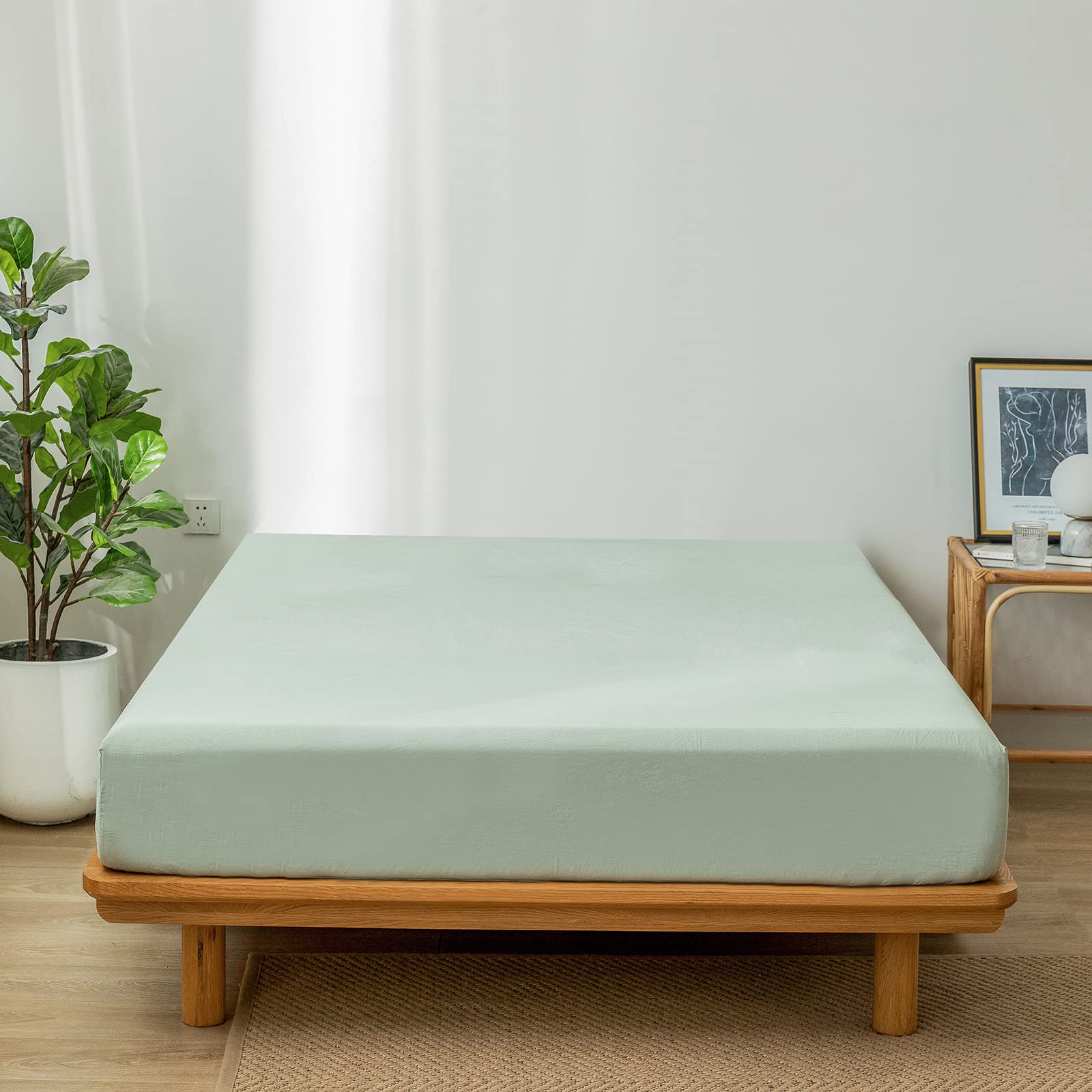 Moomee Fitted Bottom Sheet Only 100% Washed Cotton Linen Like Textured Breathable Durable Soft Comfy Deep Pocket Fits Mattress U