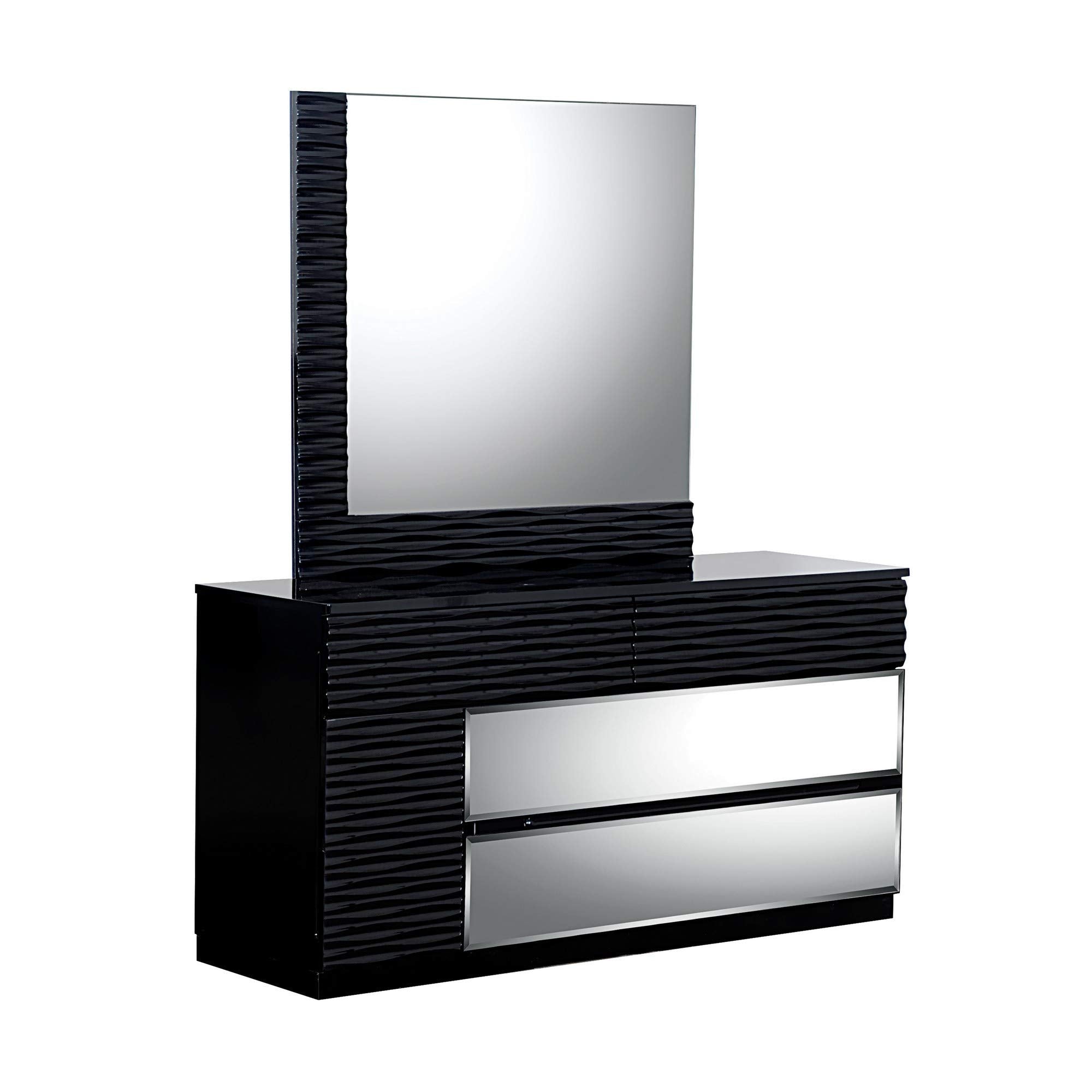 HomeRoots Rubberwood Modern Black Dresser with Geometric Designed Panels 5 Drawers