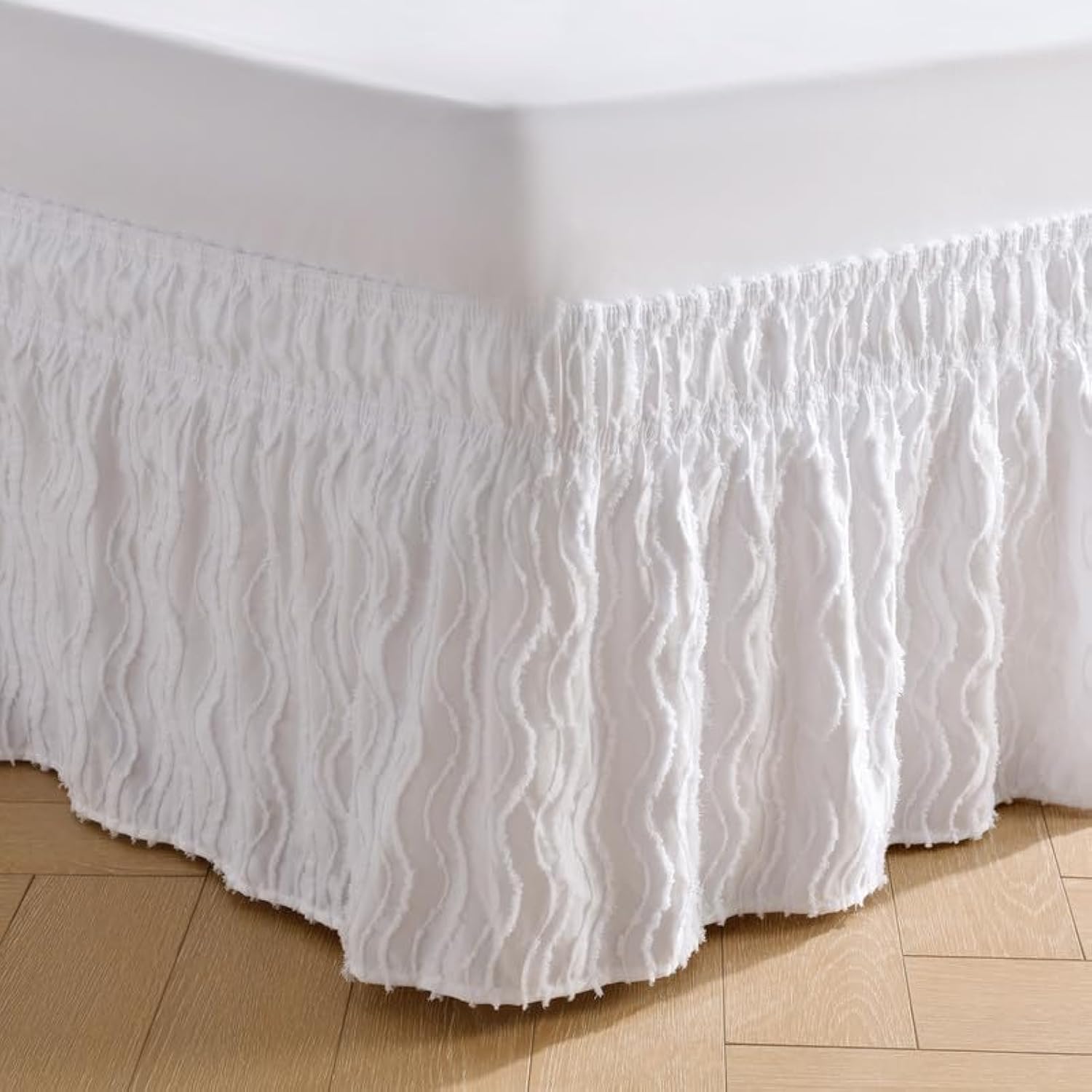 Miye Wavy Tufted Bed Skirt - Wrap Around Dust Ruffle With Elastic Belts - 15 Inch Drop Easy To Put On - Bedskirt Machine Washabl