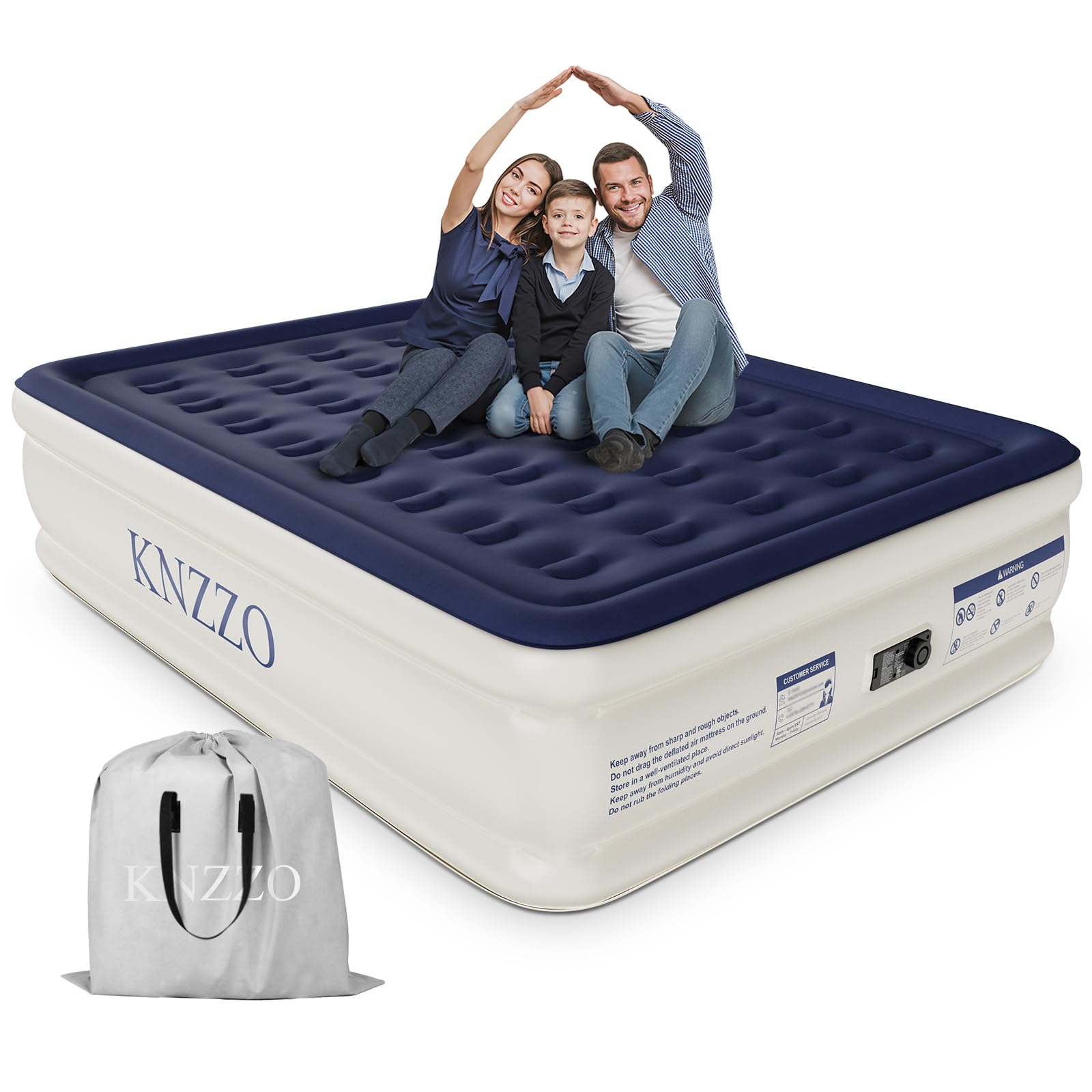 KNZZO Air Mattress Queen with Built-in Pump, Blow Up Mattress with Soft Flocked Top, Leakproof Inflatable Mattress, Foldable Wat