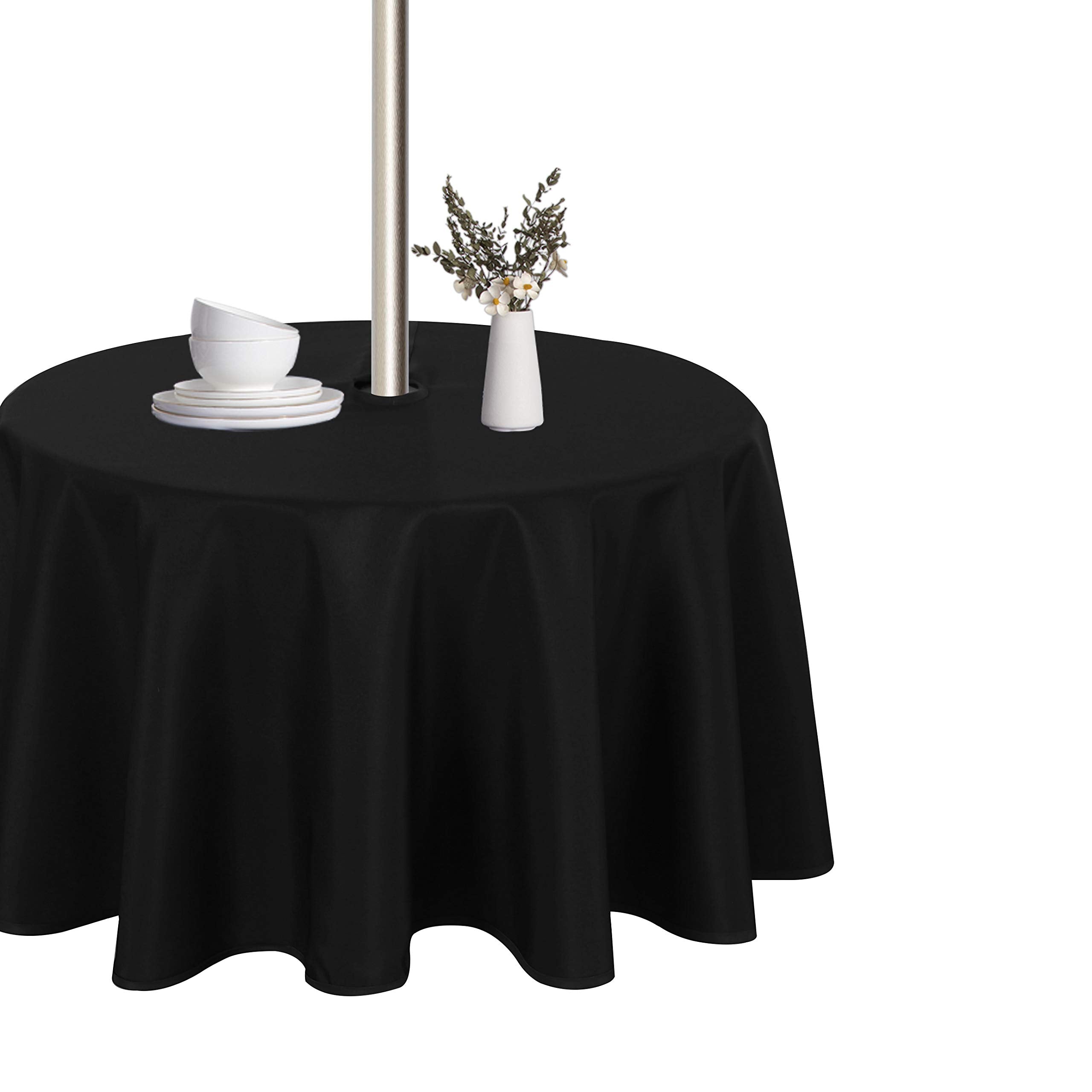Lushvida Round Outdoor Tablecloth With Umbrella Hole And Zipper, 60 Inch Black, Washable Waterproof Table Cloth Spill Proof Wrin